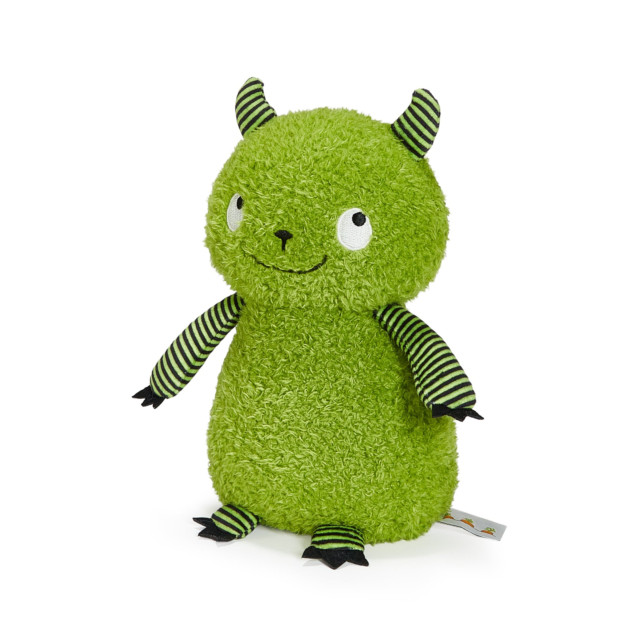 Green plush monster toy with black and white striped accents on a white background