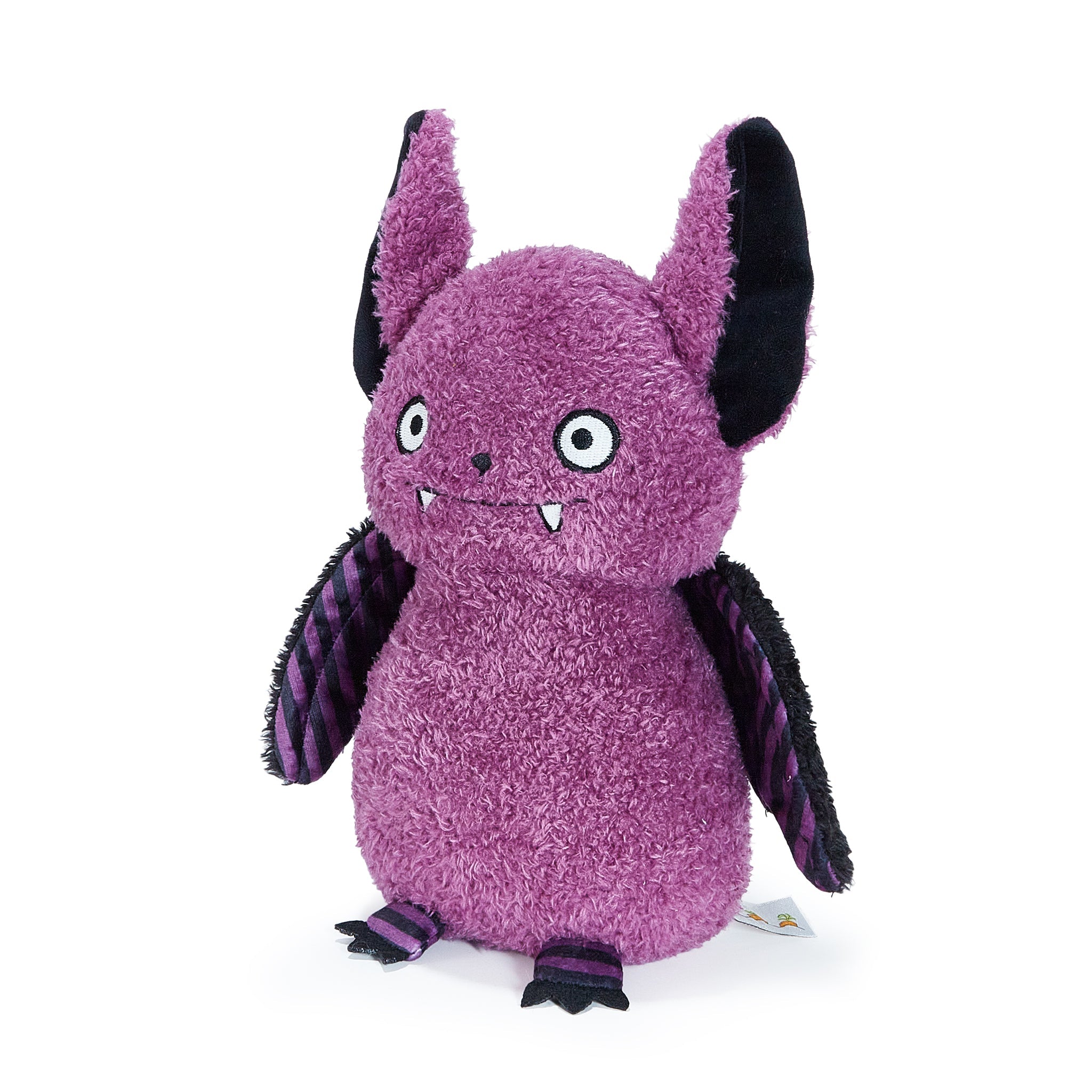 Purple plush bat toy with wings on a white background