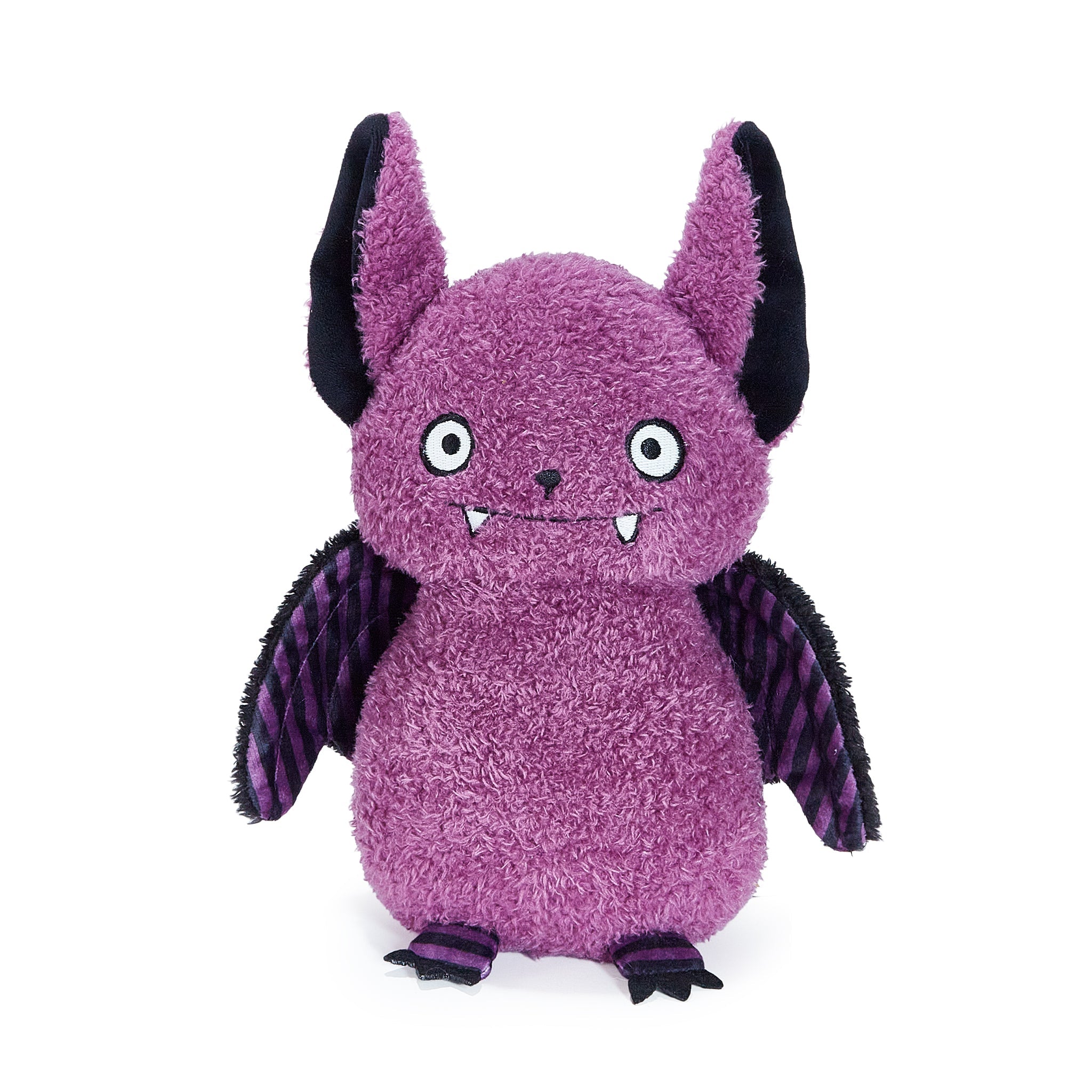 Purple plush bat toy with wings on a white background