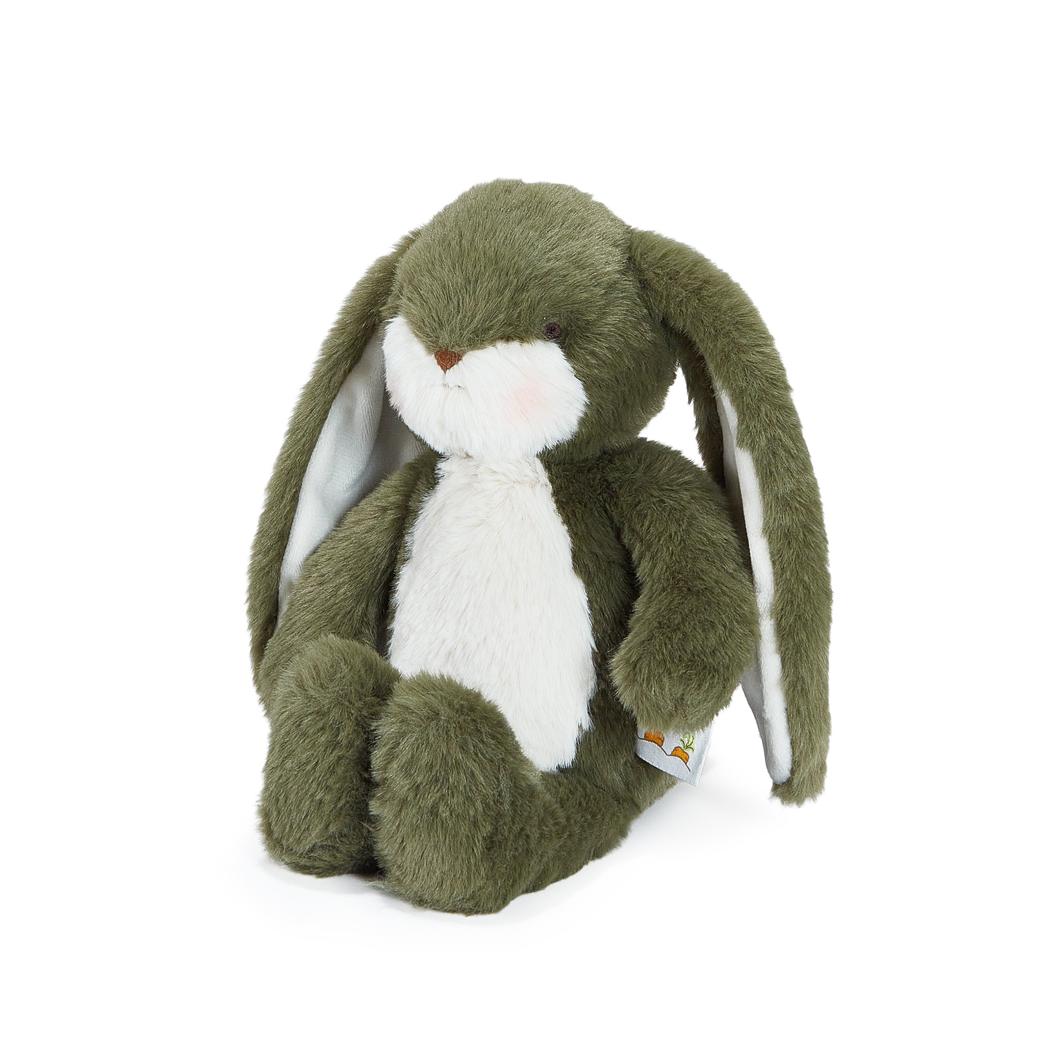 Green plush bunny toy on a white background