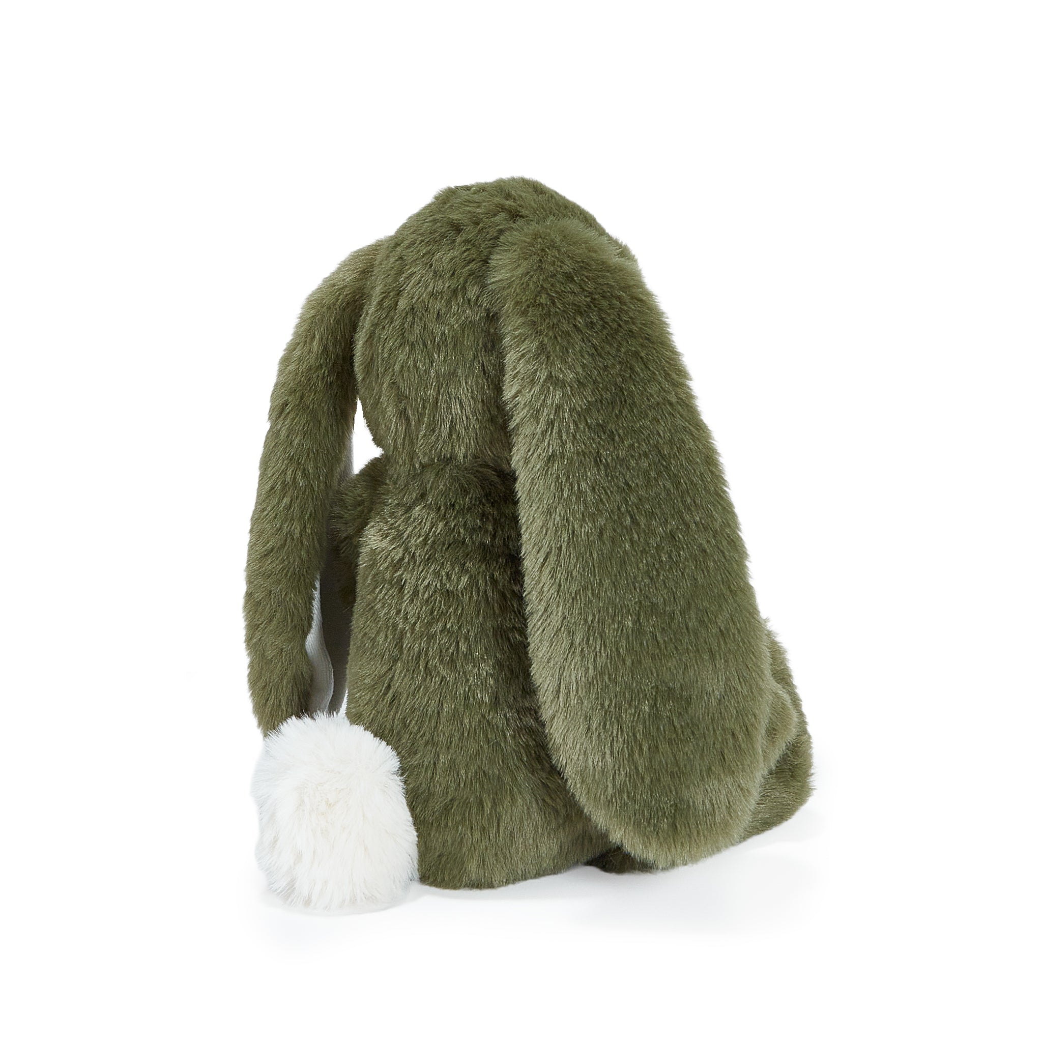 Green plush bunny toy on a white background