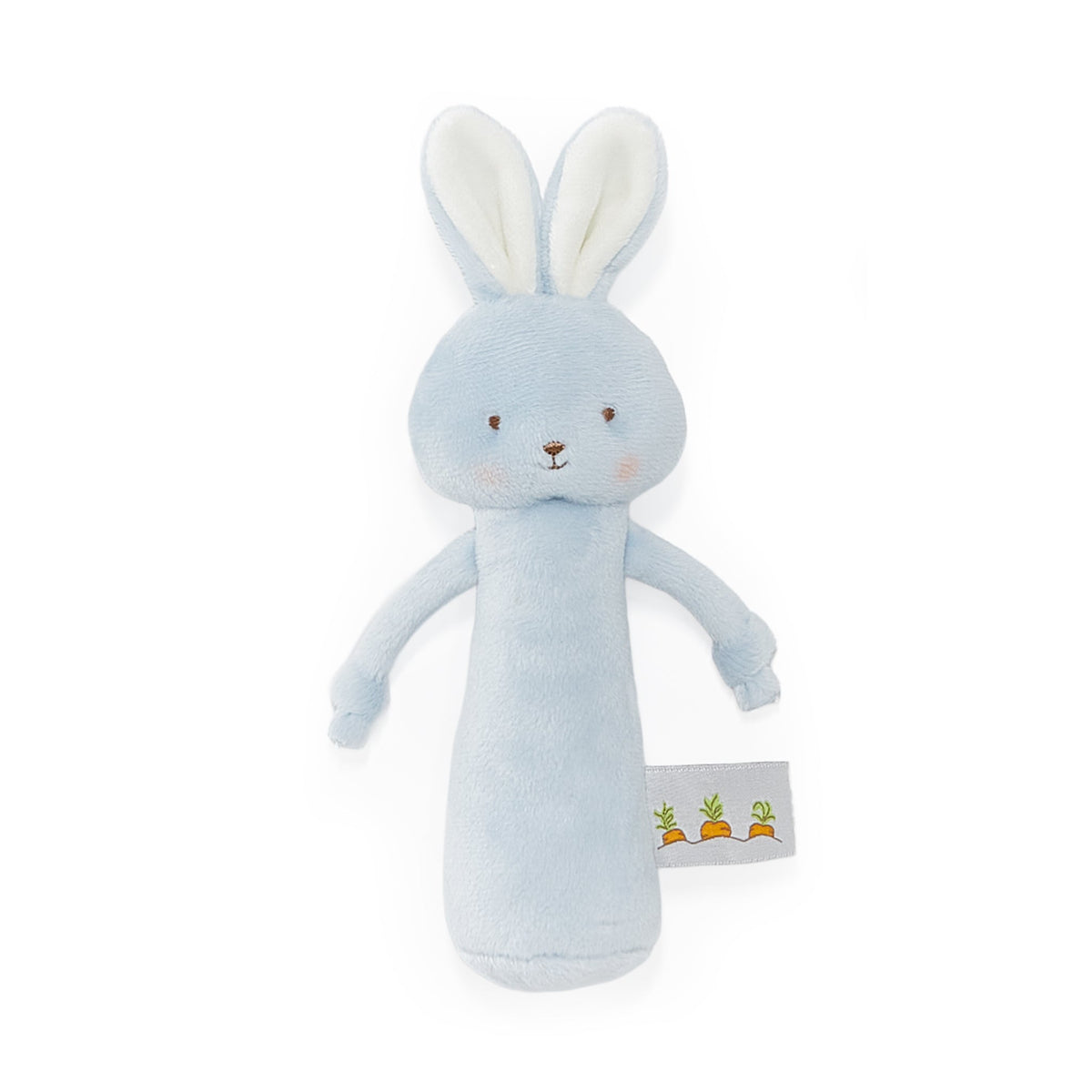 A light blue plush bunny baby rattle with long ears, embroidered facial features, and a small fabric tag with three carrots, shown on a plain white background.