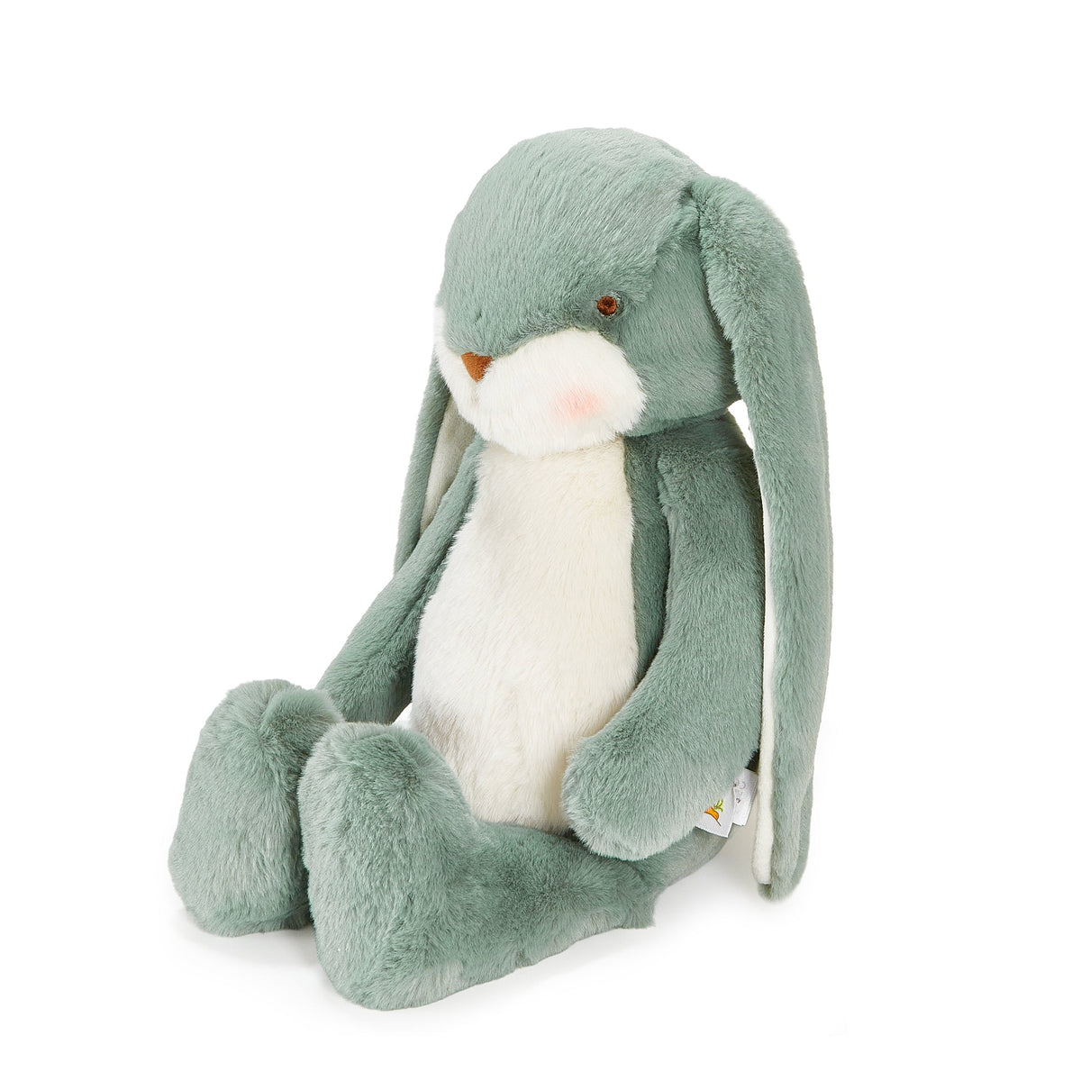 A plush stuffed bunny in a muted sage green color with a white belly, pink cheeks, and small orange embroidered eyes, sitting against a plain white background.