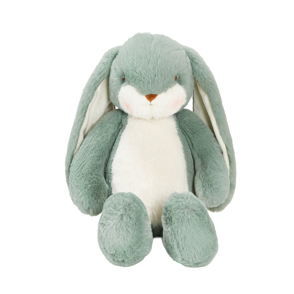 A plush stuffed bunny toy in a dusty sage green color with a white chest, inner ears, and muzzle, and a small orange-brown stitched nose.