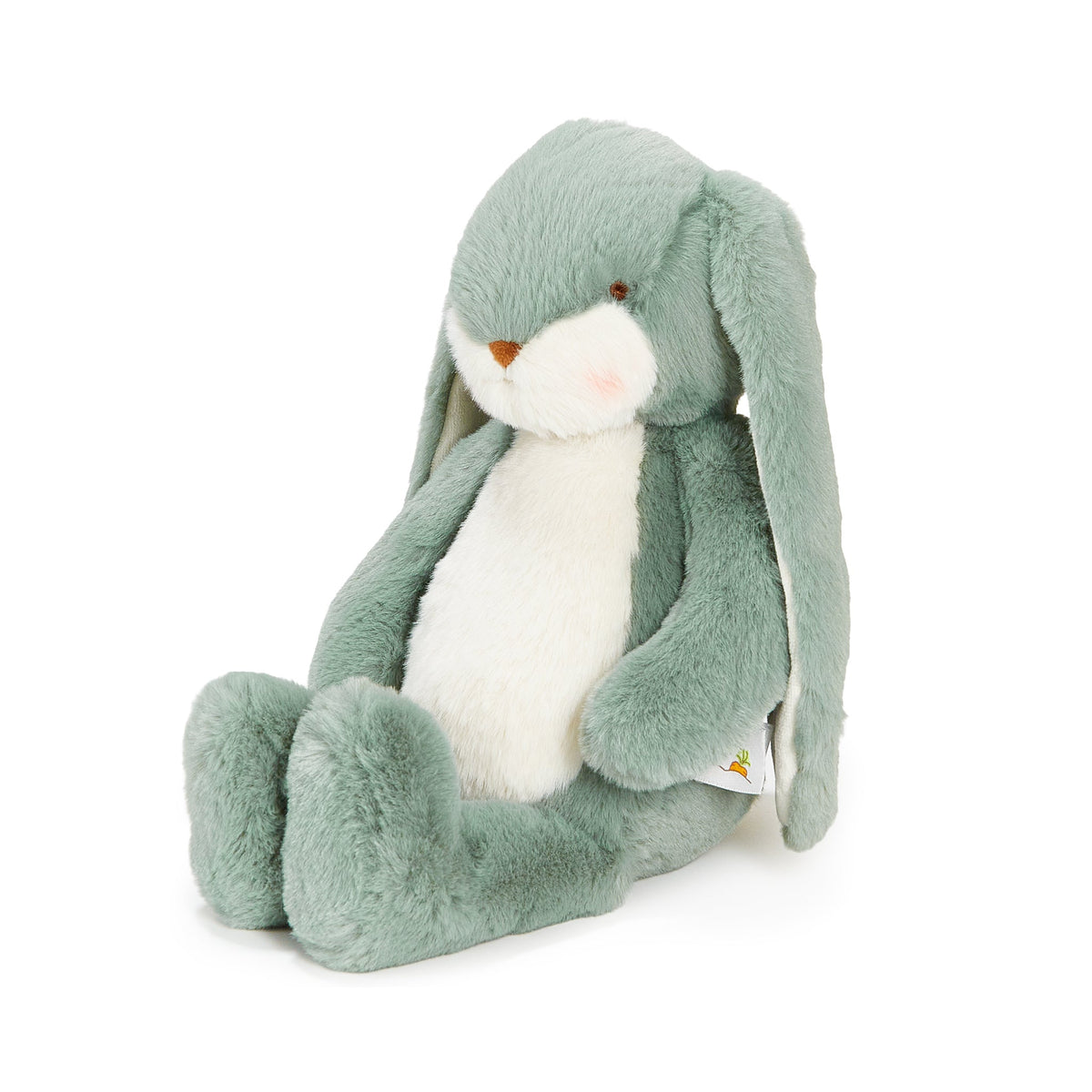 A plush stuffed bunny in a dusty sage green color with a white chest and belly, sitting on a clean white background. It has small embroidered brown eyes and a tiny orange stitched nose, with a small brand tag visible on its right ear.