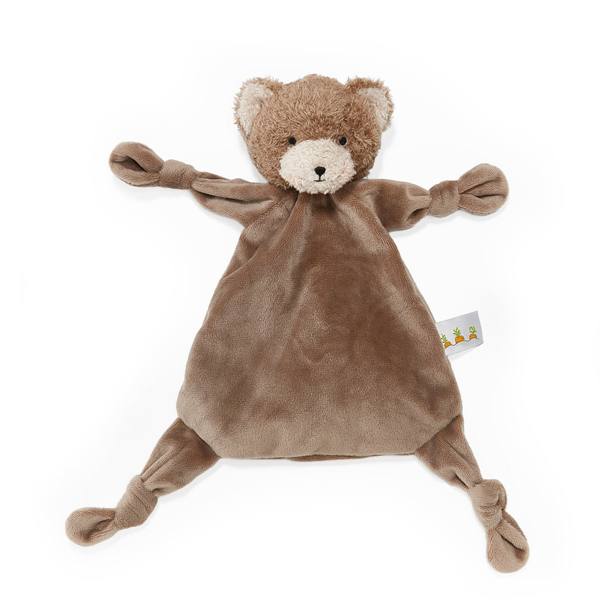 A brown plush bear security blanket with knotted arms and legs, featuring a cream-colored snout and ears, photographed on a solid white background.