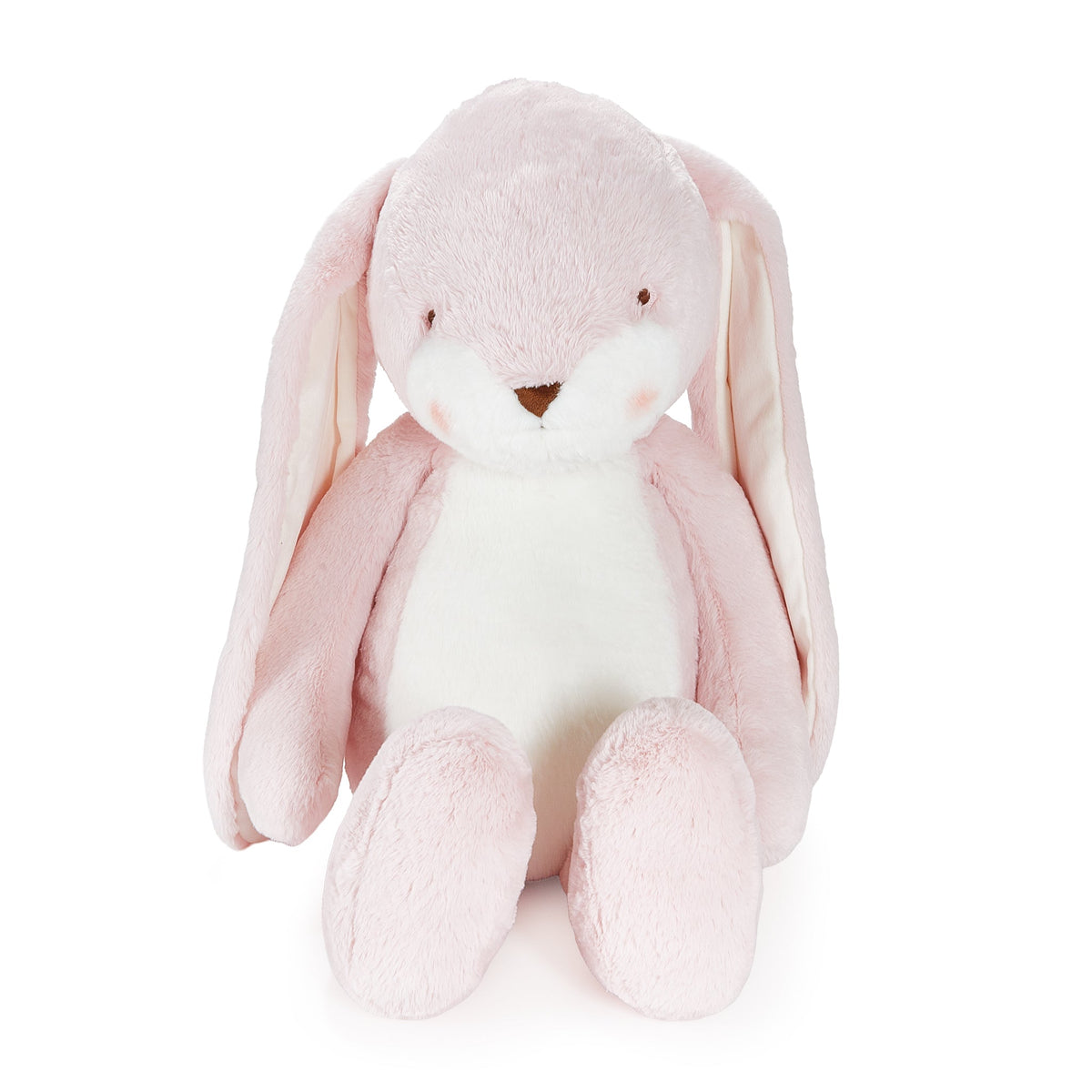 A soft plush bunny toy in pastel pink and white, sitting upright against a clean white background.