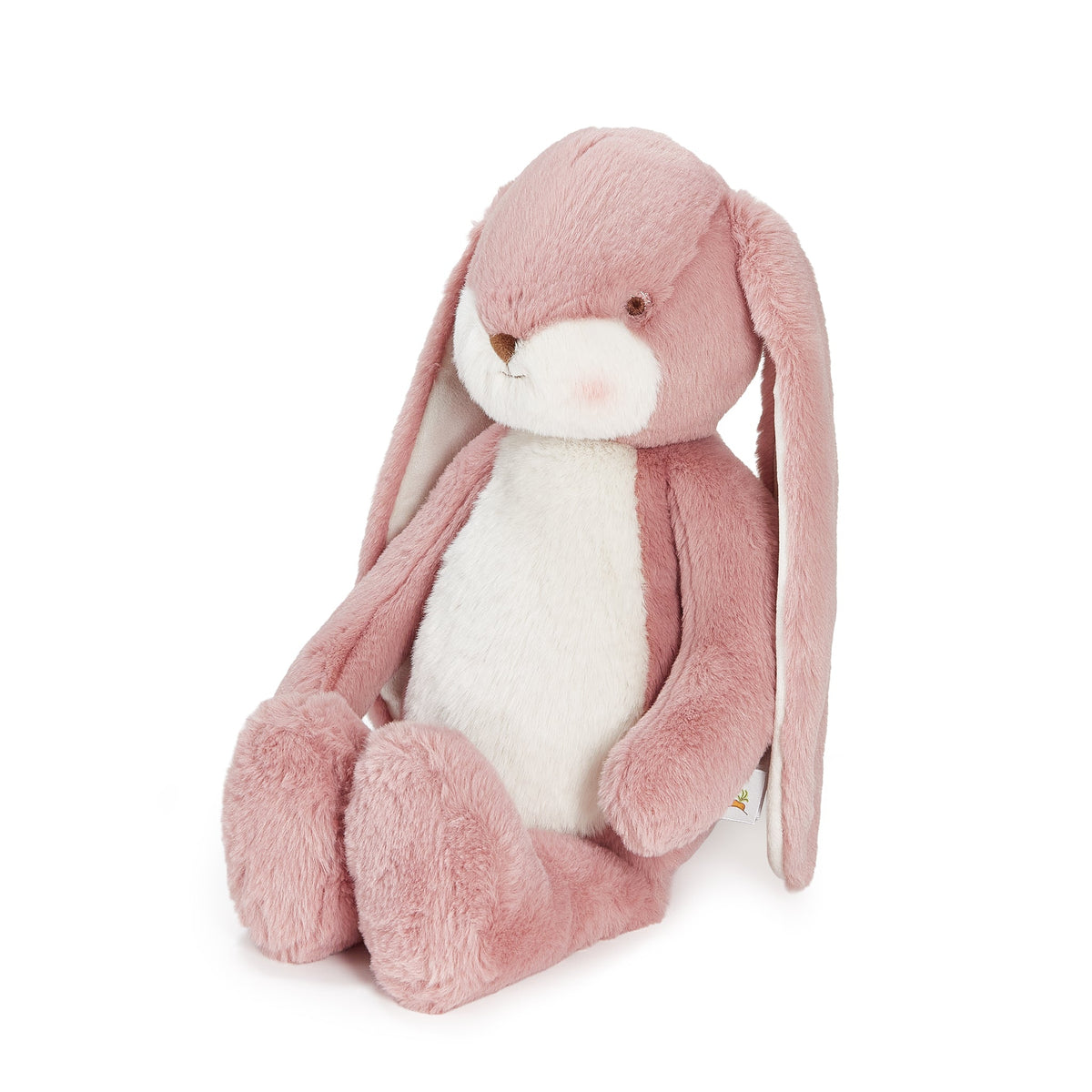 A pink plush bunny toy with long floppy ears, a white chest and belly, and small embroidered facial details, photographed on a clean white background.