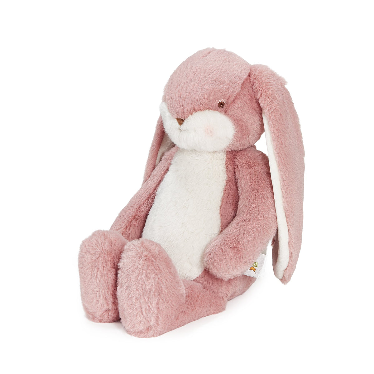 A pink plush bunny toy with long floppy ears, a cream-colored belly and muzzle, and small embroidered eyes, sitting against a plain white background.