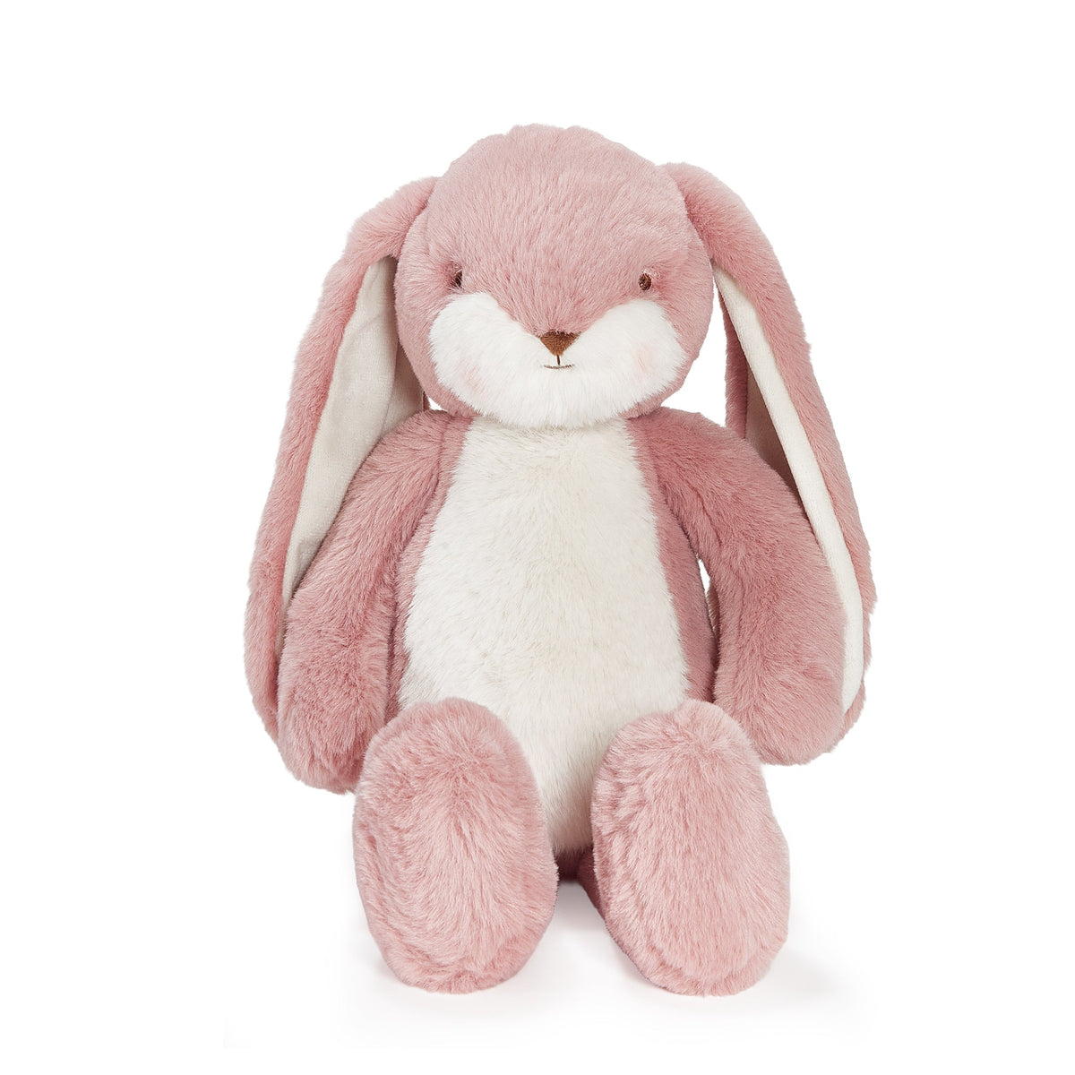 A pink and white plush bunny toy with long floppy ears, sitting upright against a clean white background.