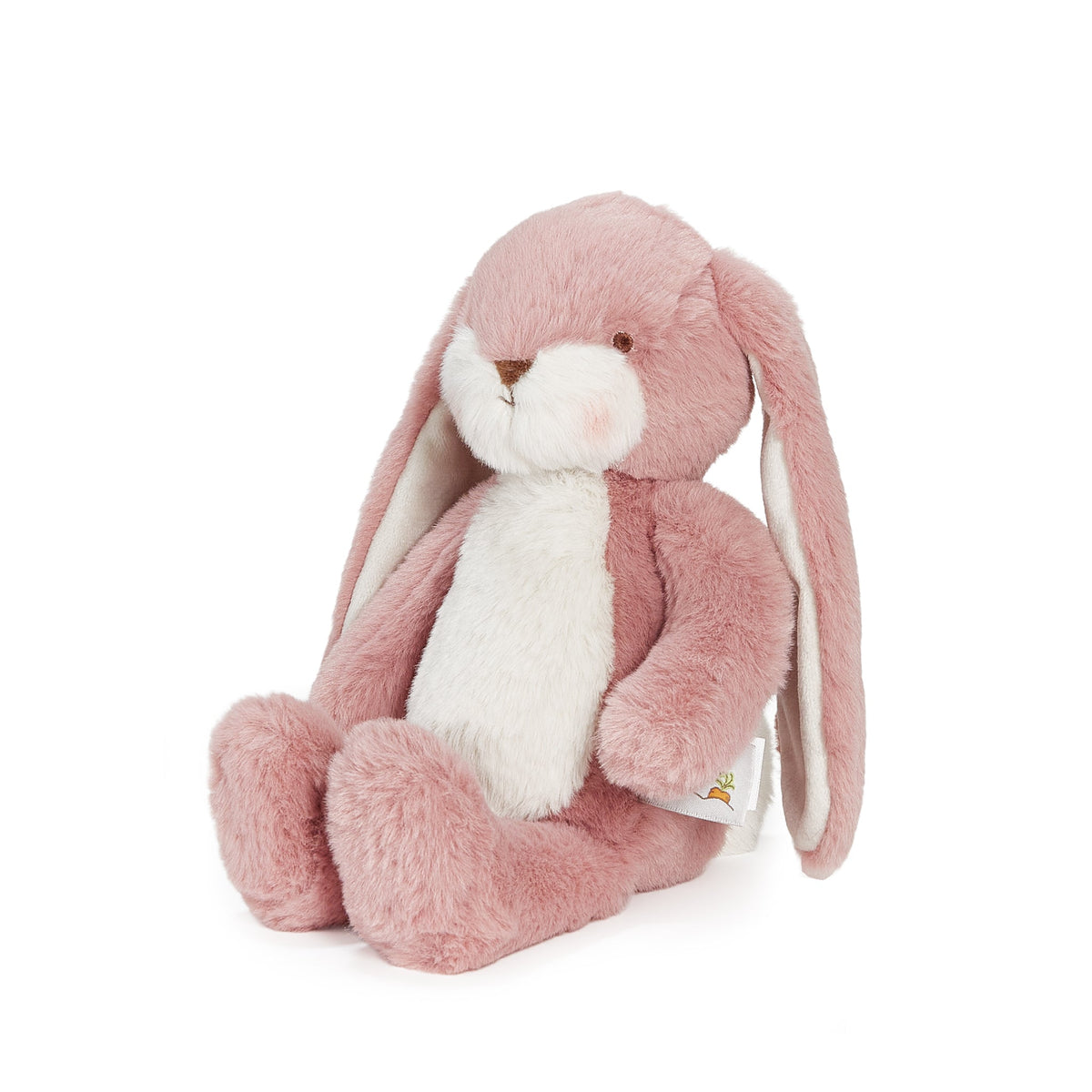 A pink plush bunny toy with long floppy ears, a white chest and belly, and small embroidered facial details, photographed on a clean white background.