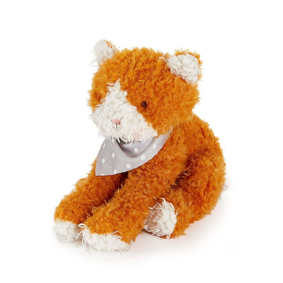 A plush orange cat toy with white patches on its face, paws, and ears, wearing a gray polka-dot bandana, photographed on a clean white background.