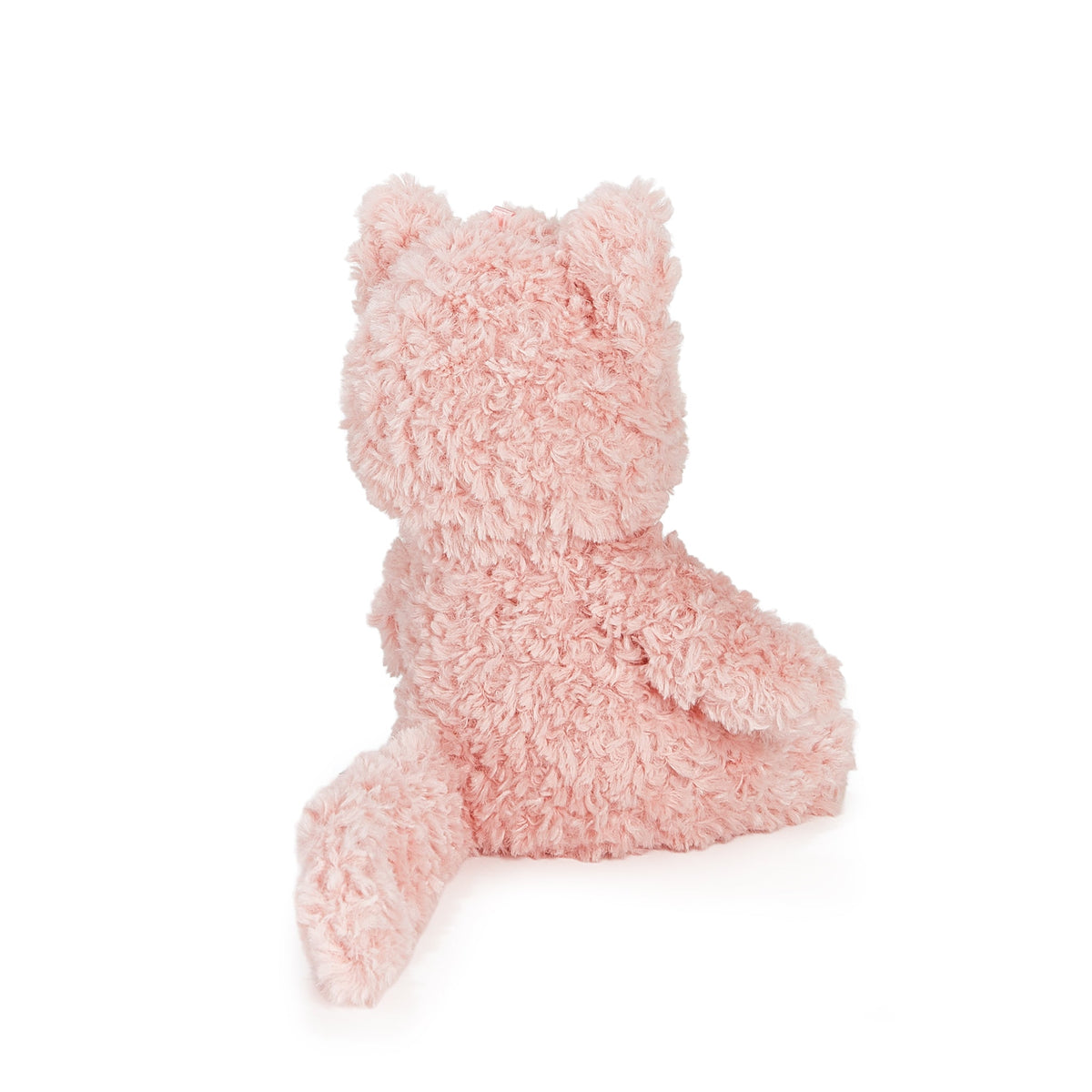 A light pink, curly-textured plush toy shaped like a cat, shown from the back on a clean white background.