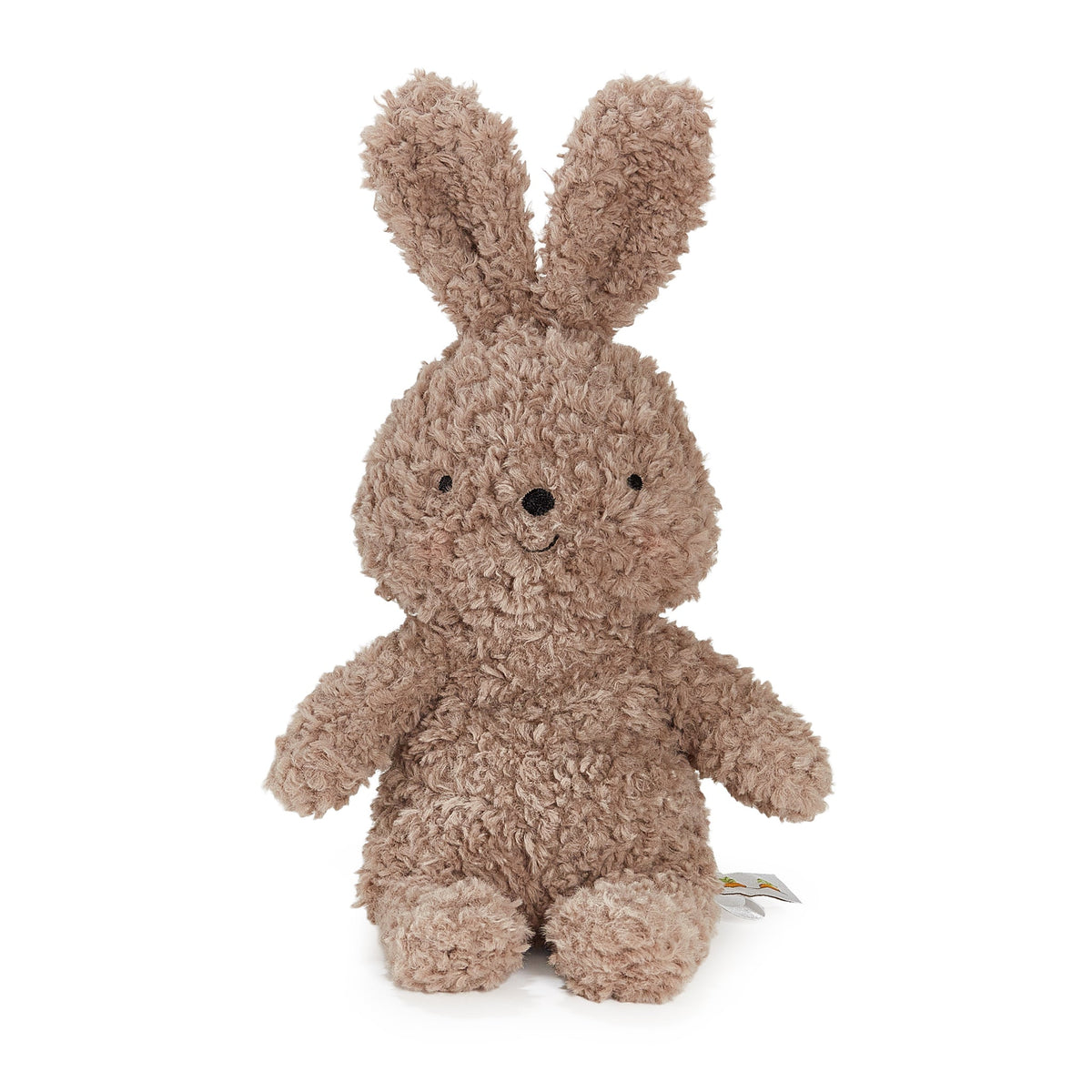 A plush stuffed bunny toy in a soft, curly light brown fabric, sitting upright against a plain white background.