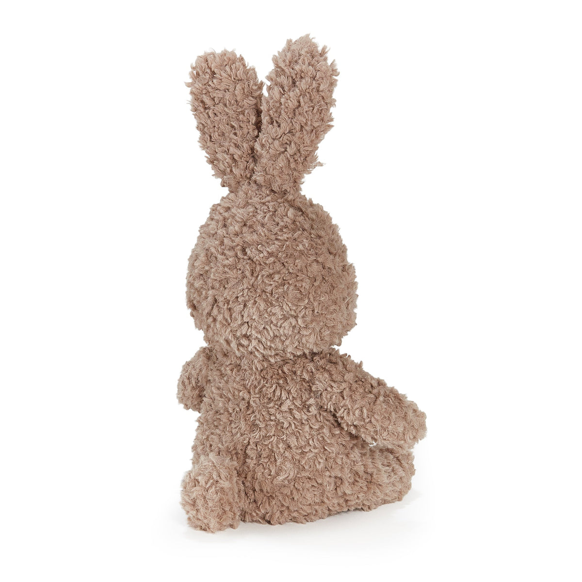 A plush stuffed bunny toy in a warm taupe-brown color, photographed from the back against a clean white background.