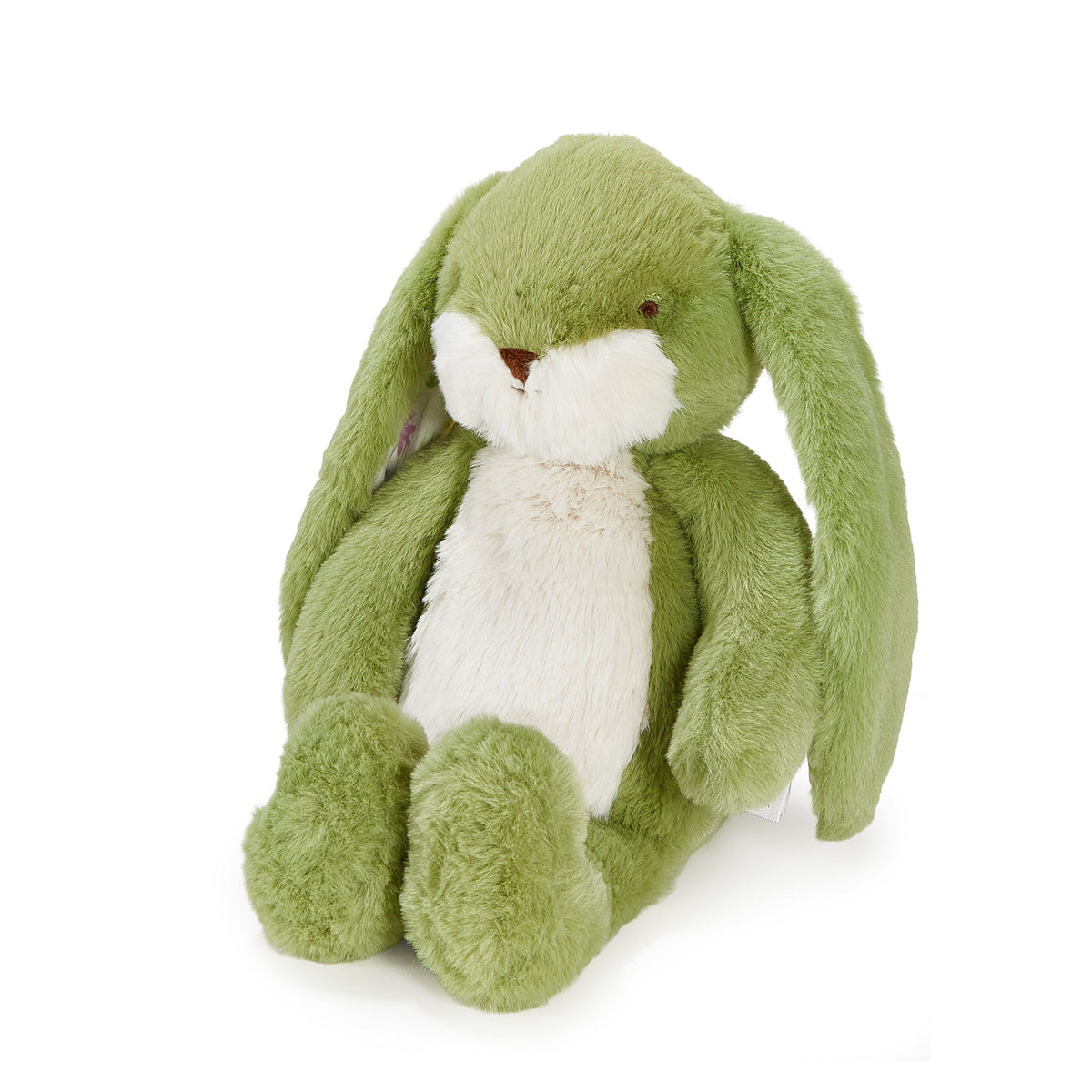 A plush green bunny toy with long floppy ears, a white chest and muzzle, and a small brown nose, photographed on a clean white background.