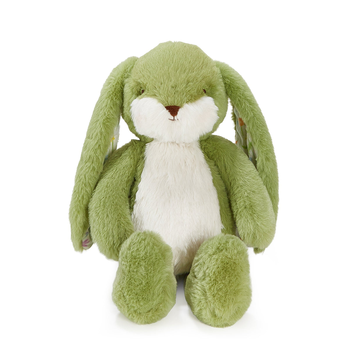 A plush green bunny stuffed animal with a white chest and face, sitting against a plain white background.