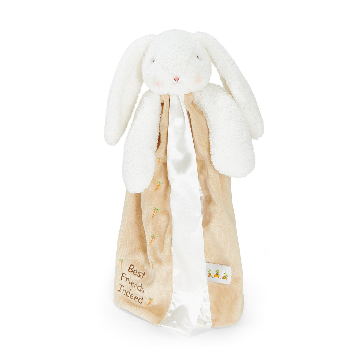A plush bunny comforter featuring a white fluffy bunny head with long ears and a beige satin body printed with small carrot motifs and the words 'Best Friends Indeed'.