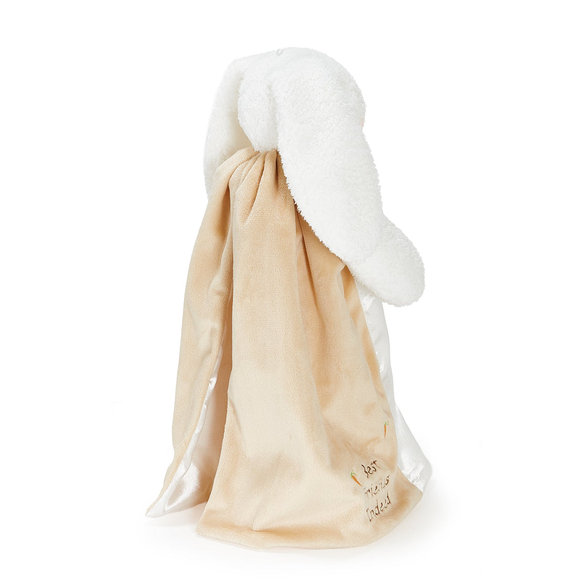 A plush bunny-shaped baby blanket with long white ears and a soft beige body, photographed on a clean white background.