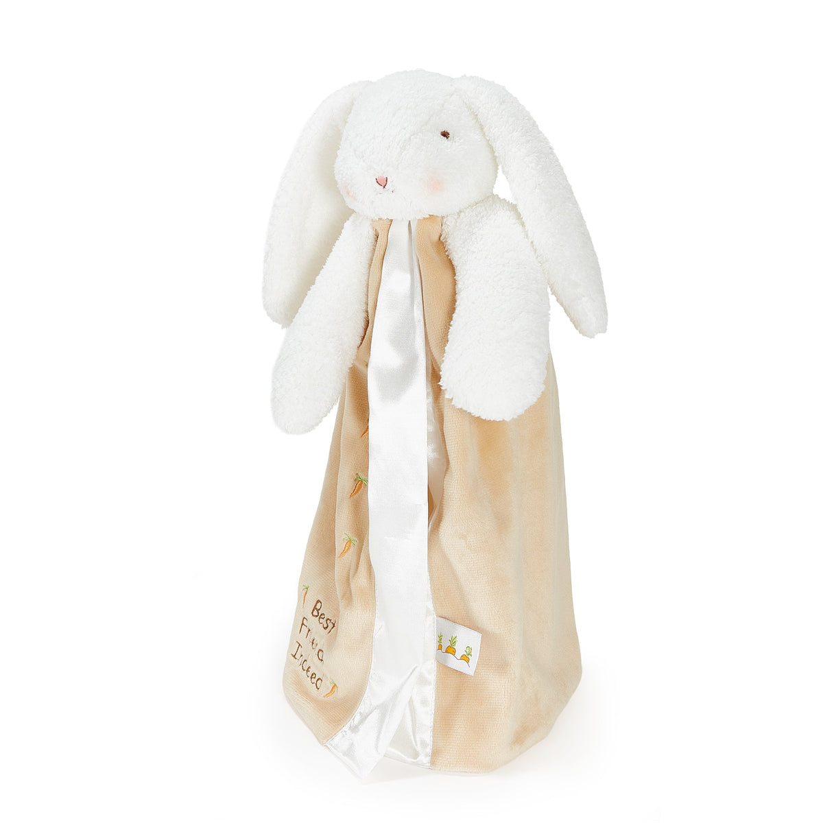 A plush bunny comforter with long floppy white ears and a beige satin blanket body, photographed on a clean white background.