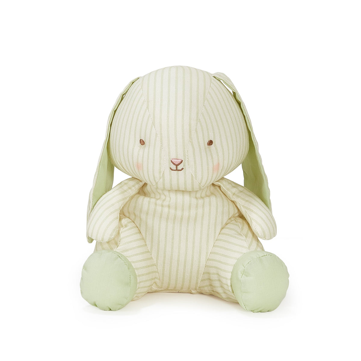 A plush bunny toy in pale green and cream vertical stripes, sitting against a solid white background.
