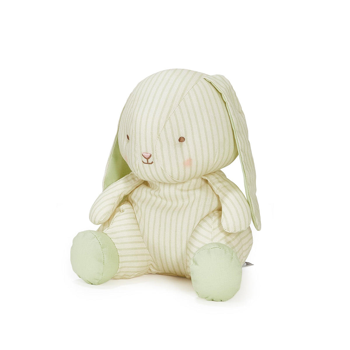 A plush stuffed bunny toy in pale yellow-green and cream vertical stripes, with solid pale green ears, feet, and embroidered facial details, photographed on a clean white background.