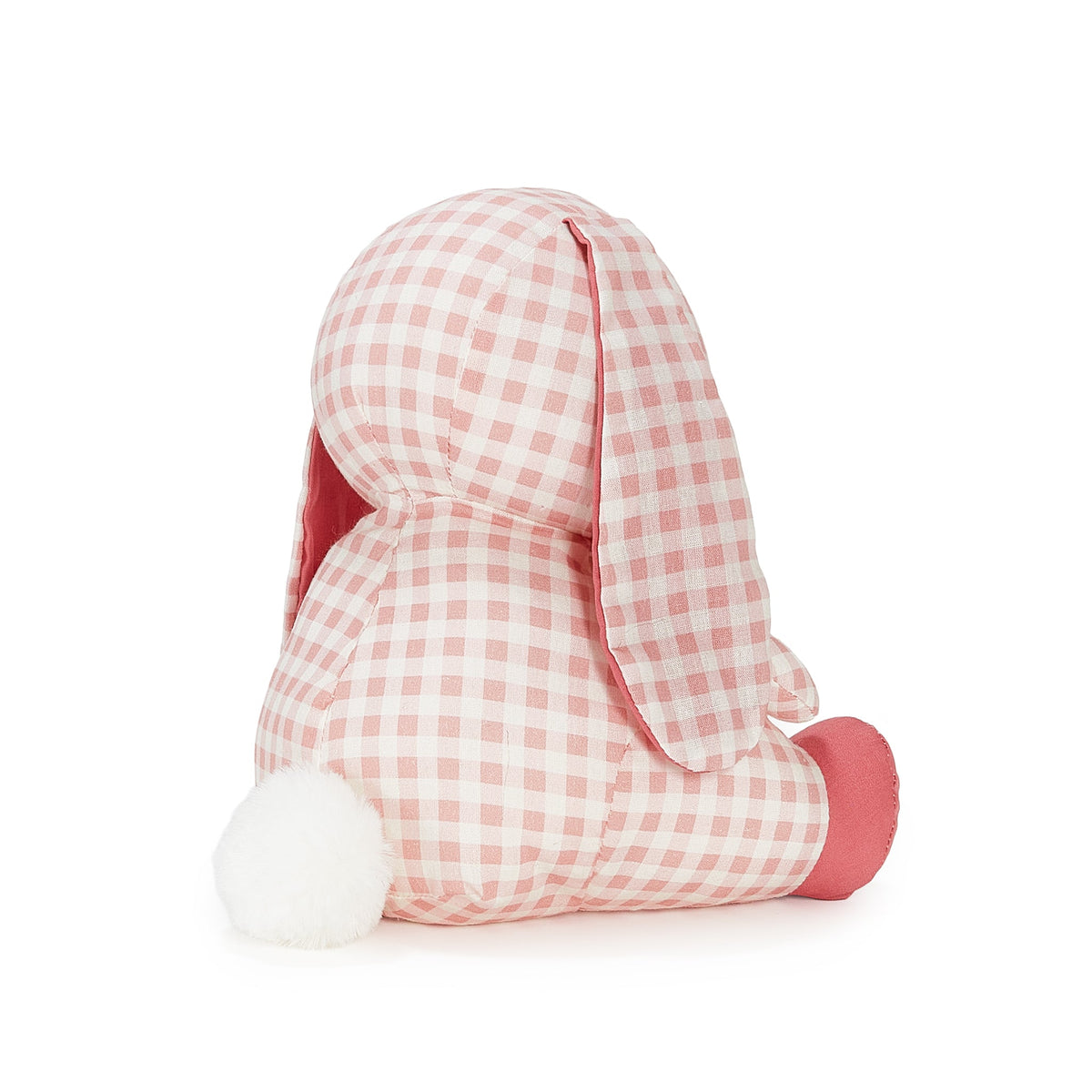 A plush stuffed bunny toy in a pink and white gingham check pattern, featuring long floppy ears, a white fluffy tail, and pink feet, shown against a plain white background.