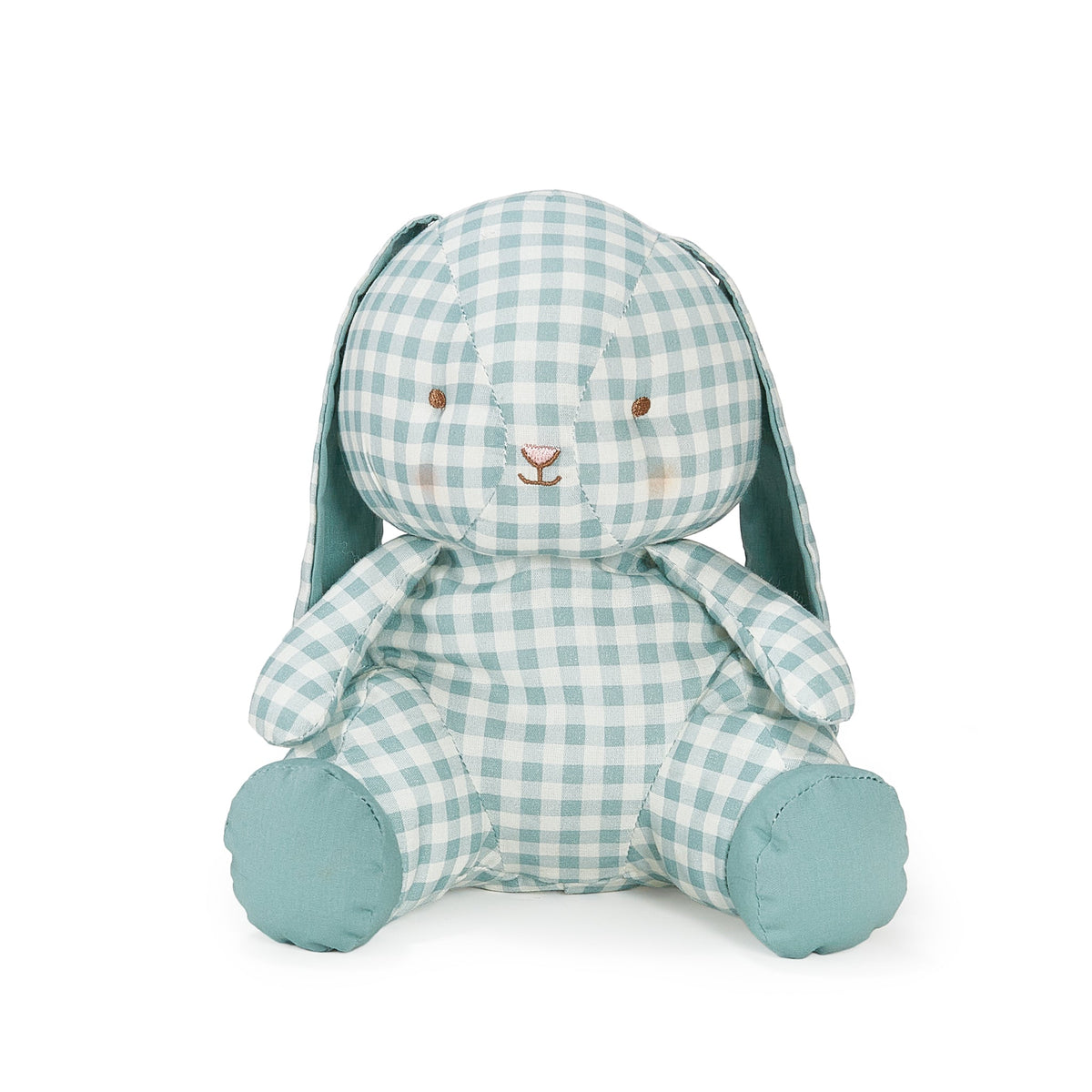 A plush stuffed bunny toy with a light blue and white gingham pattern, featuring solid light blue fabric ears, feet, and hands, and embroidered brown eyes and nose on a white background.