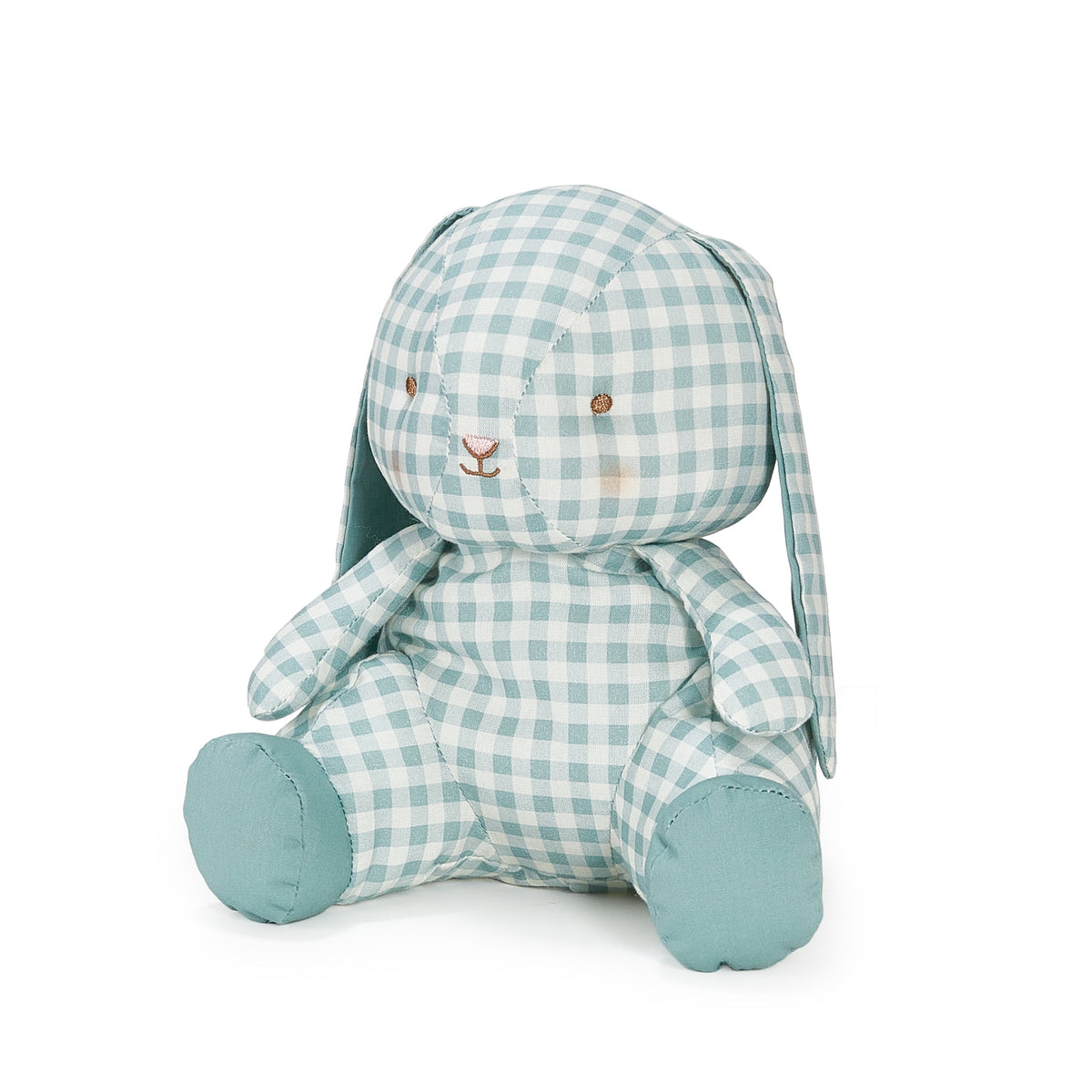 A plush stuffed bunny toy in a light blue and white gingham check pattern, with solid light blue fabric accents on its feet, ears, and inner ears, and small embroidered facial features.