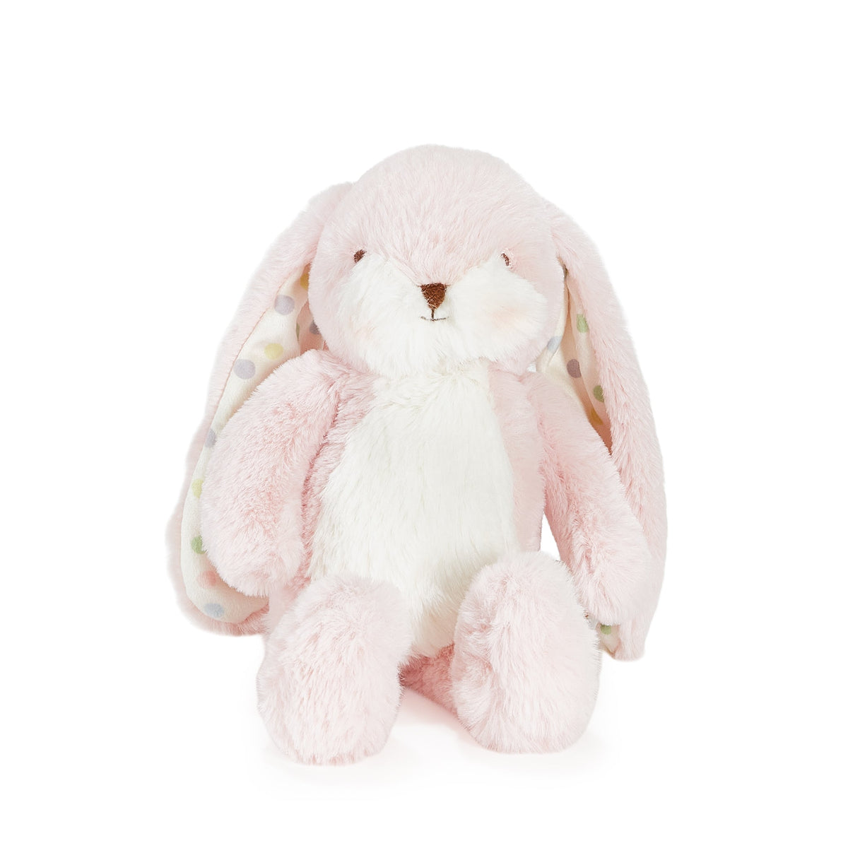 A soft plush bunny toy in light pink and white, sitting against a clean white background. The bunny has long floppy ears, a white chest and belly, and a small brown stitched nose.