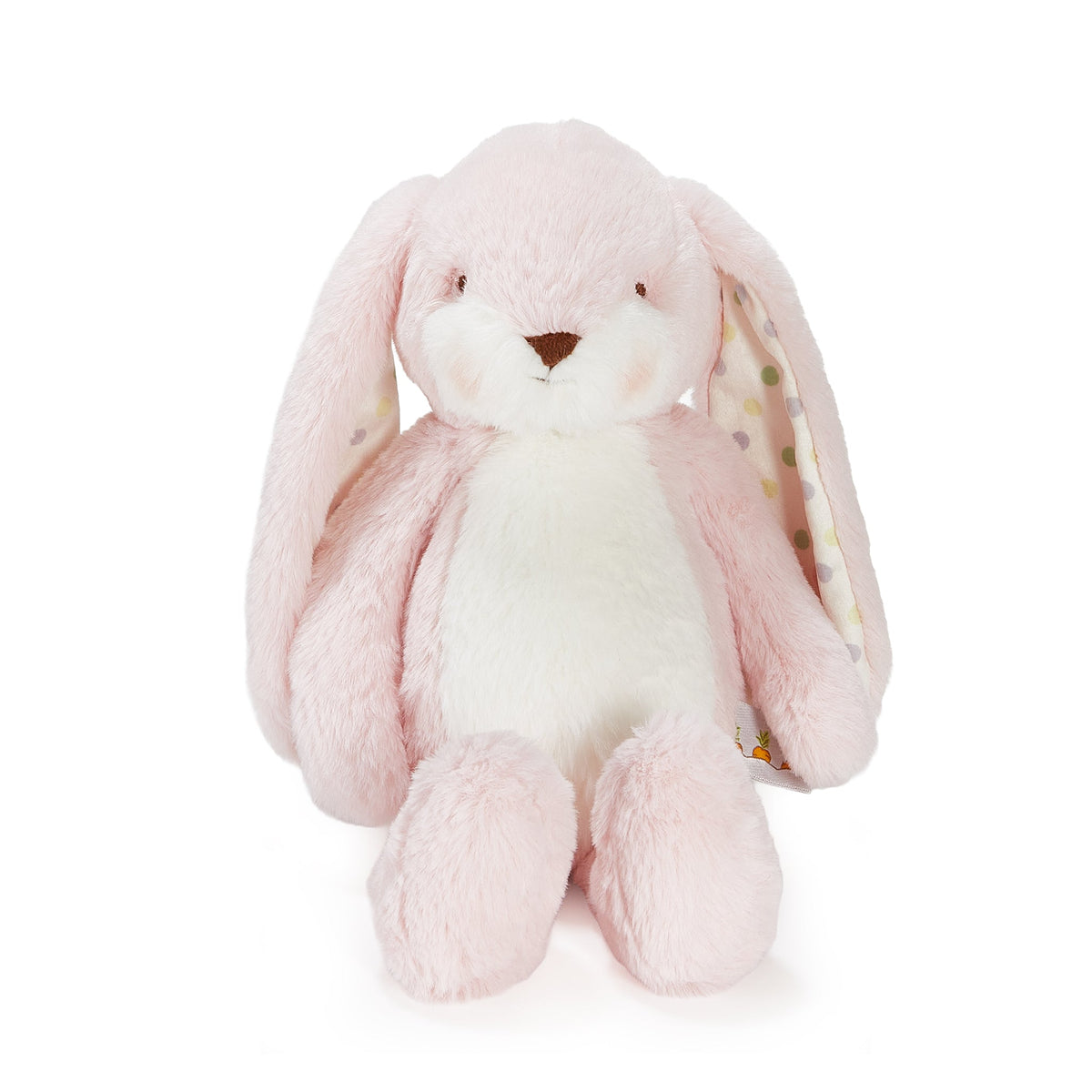 A pink and white plush bunny toy with long floppy ears, a white belly, and a small brown nose, photographed on a clean white background.