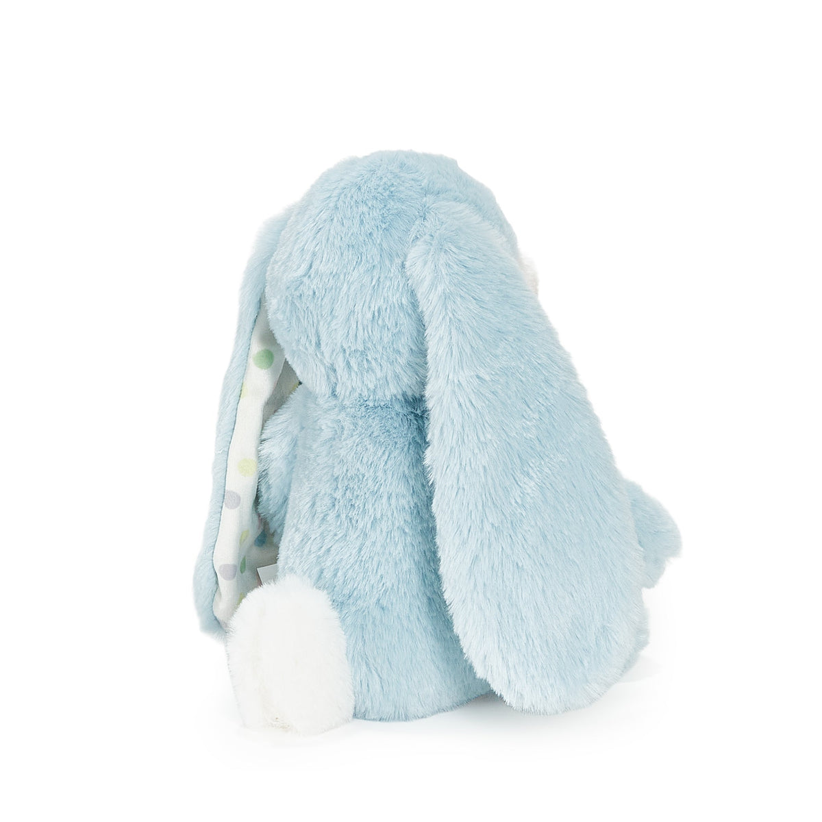 A light blue plush bunny toy shown from the back on a clean white background.