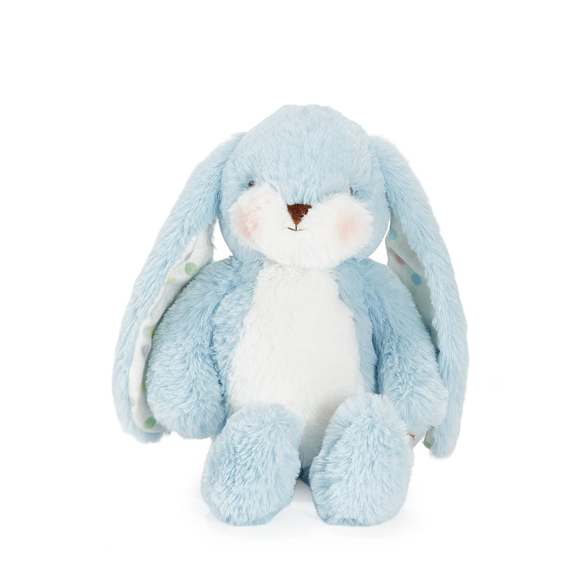 A light blue plush bunny toy with a white chest and inner ears, featuring a small brown stitched nose and pink cheeks, sitting against a solid white background.
