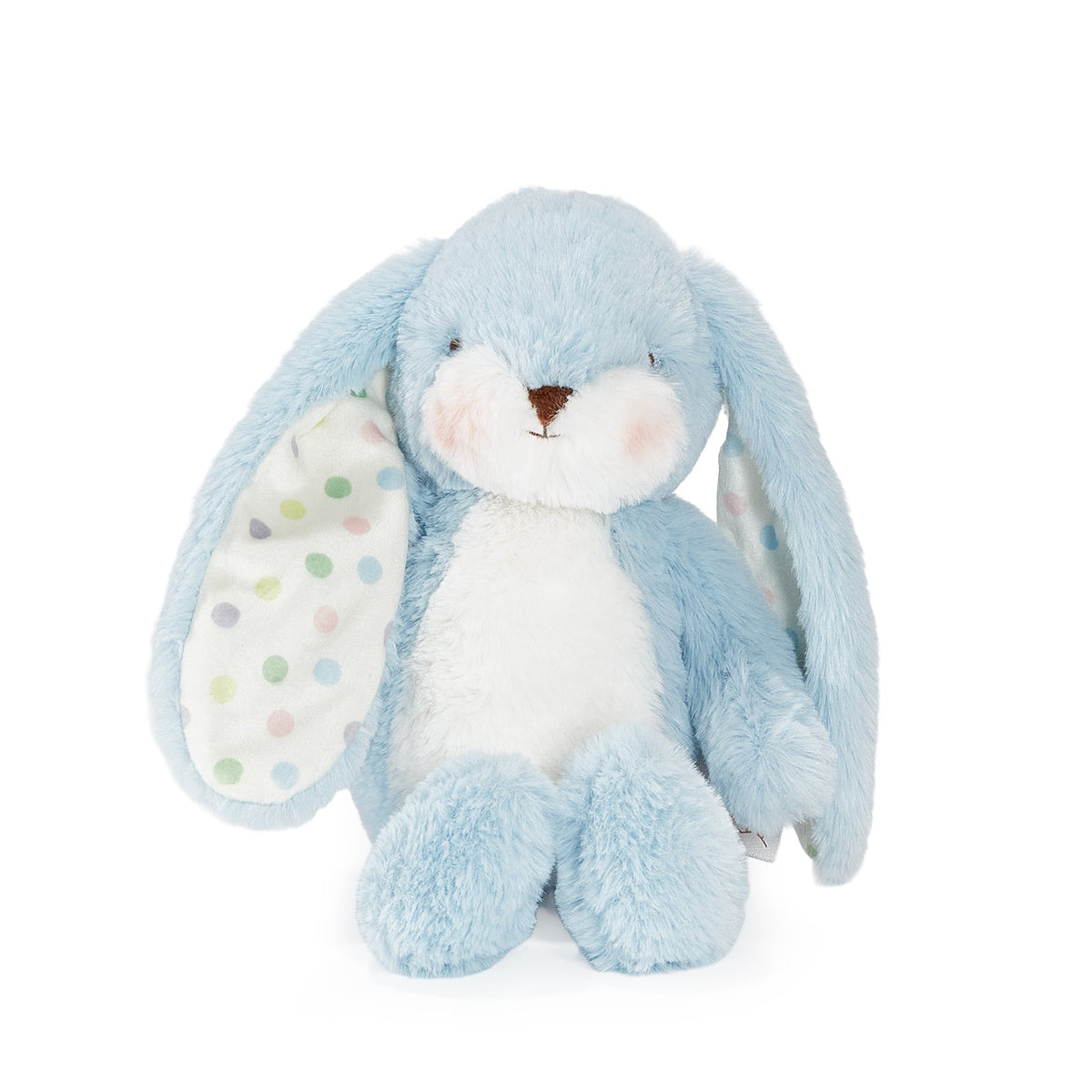 A light blue plush bunny toy with a white chest, long floppy ears, and pastel polka-dot lining, photographed on a clean white background.