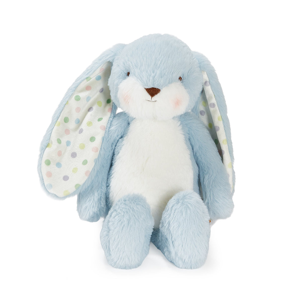 A light blue and white plush bunny toy with long floppy ears featuring pastel polka dots on a white background.