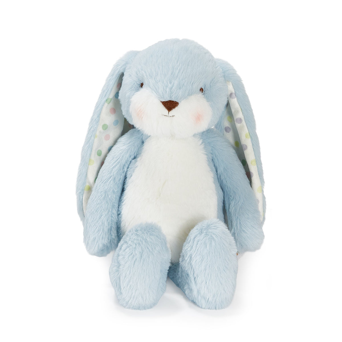 A light blue and white plush bunny toy with long floppy ears, a brown stitched nose, and a patterned inner lining, photographed on a clean white background.