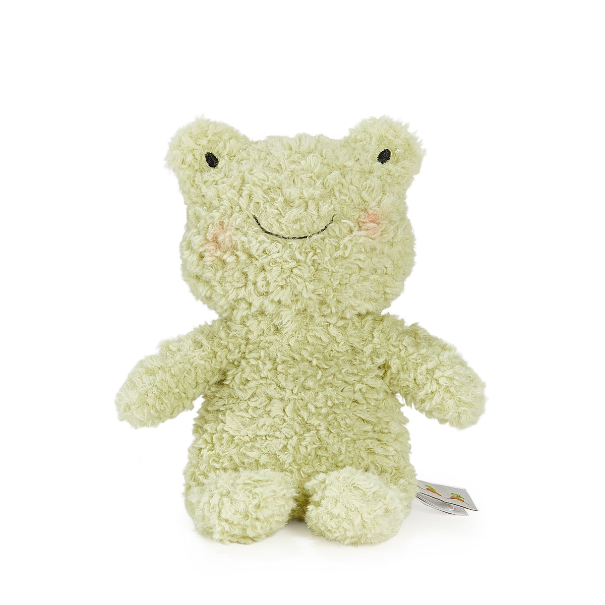A light yellow-green curly plush frog toy with embroidered black eyes and a stitched smile, shown against a plain white background.