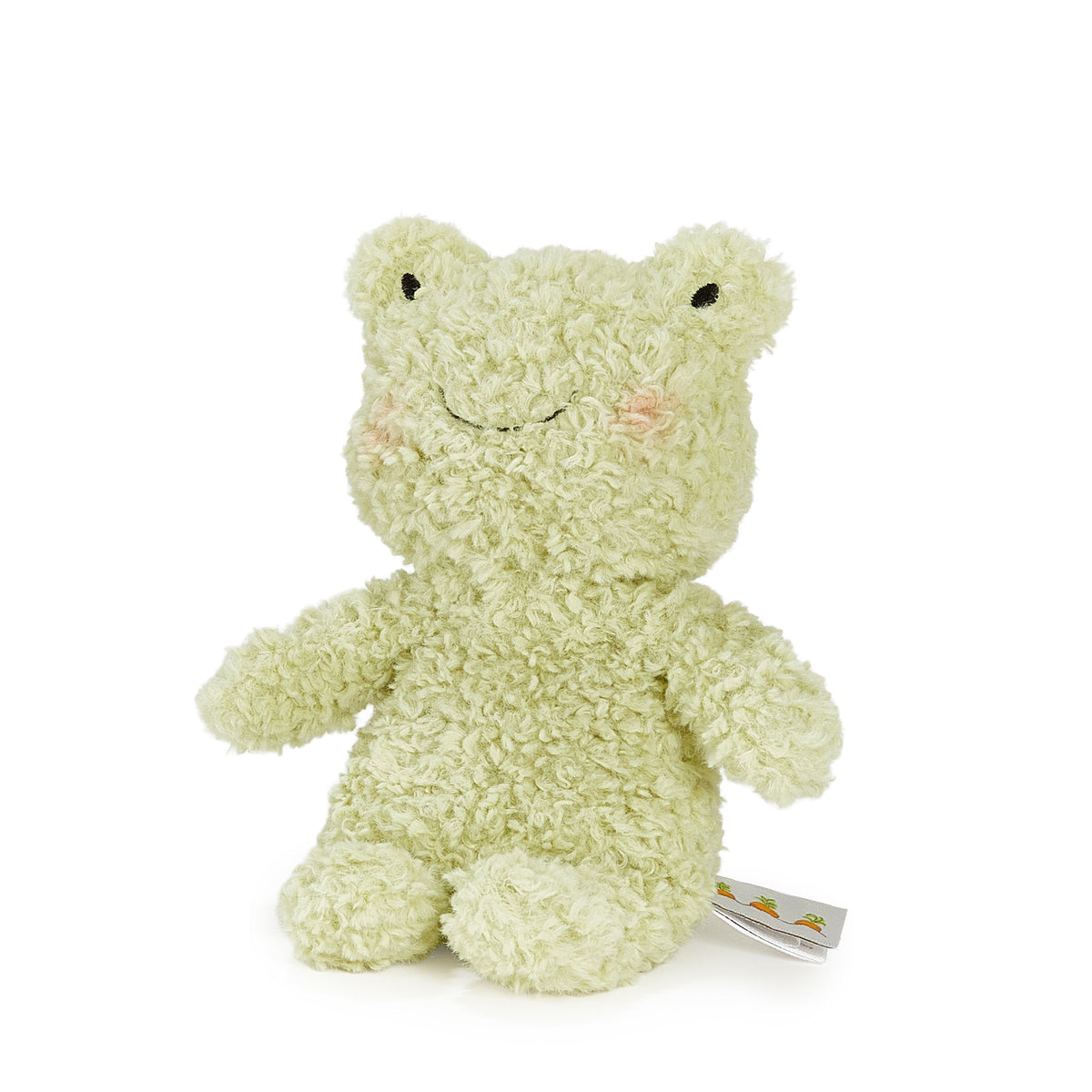 A light green curly-textured plush frog with embroidered black eyes, a stitched smile, and pink cheek details, shown on a clean white background with a small tag attached.