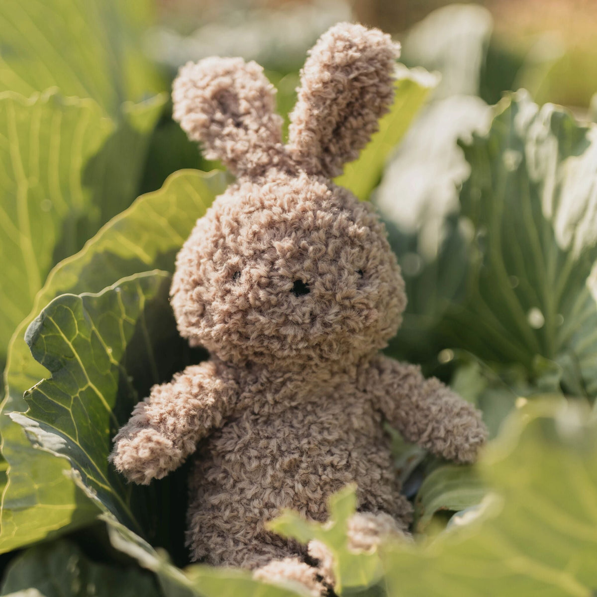 A h textured brown bunny toy nestled among green cabbage leaves in an outdoor garden setting.