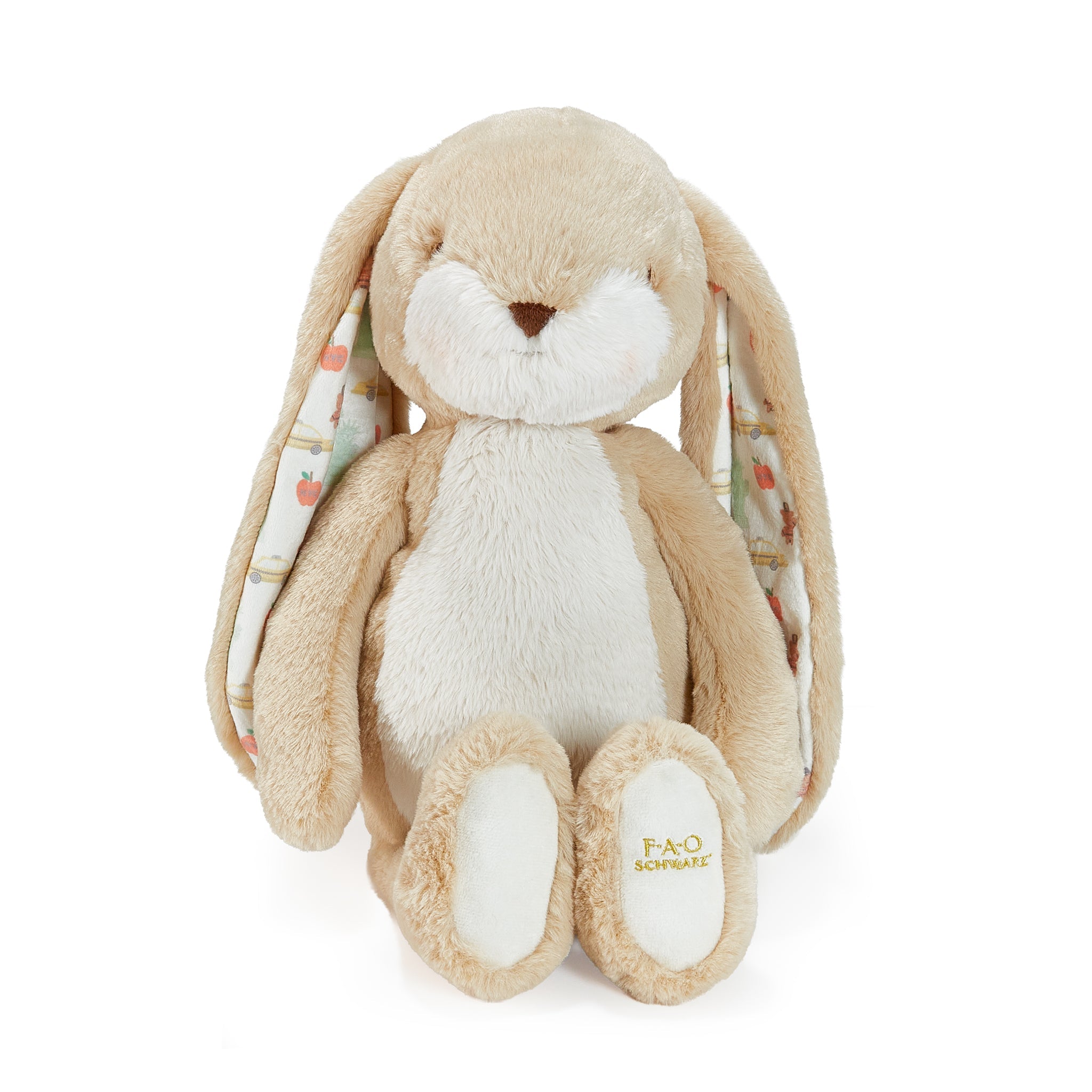 Plush bunny toy with patterned ears on a white background