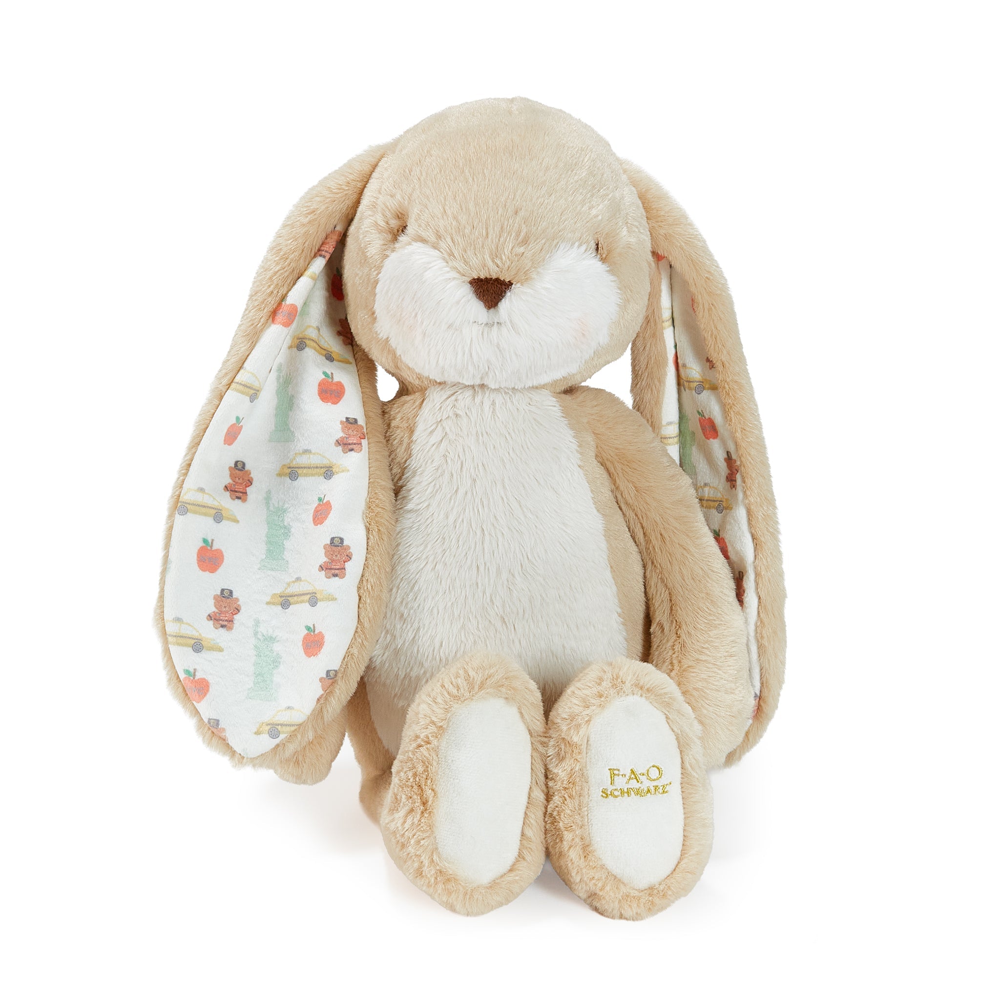 Plush bunny toy with patterned ears on a white background
