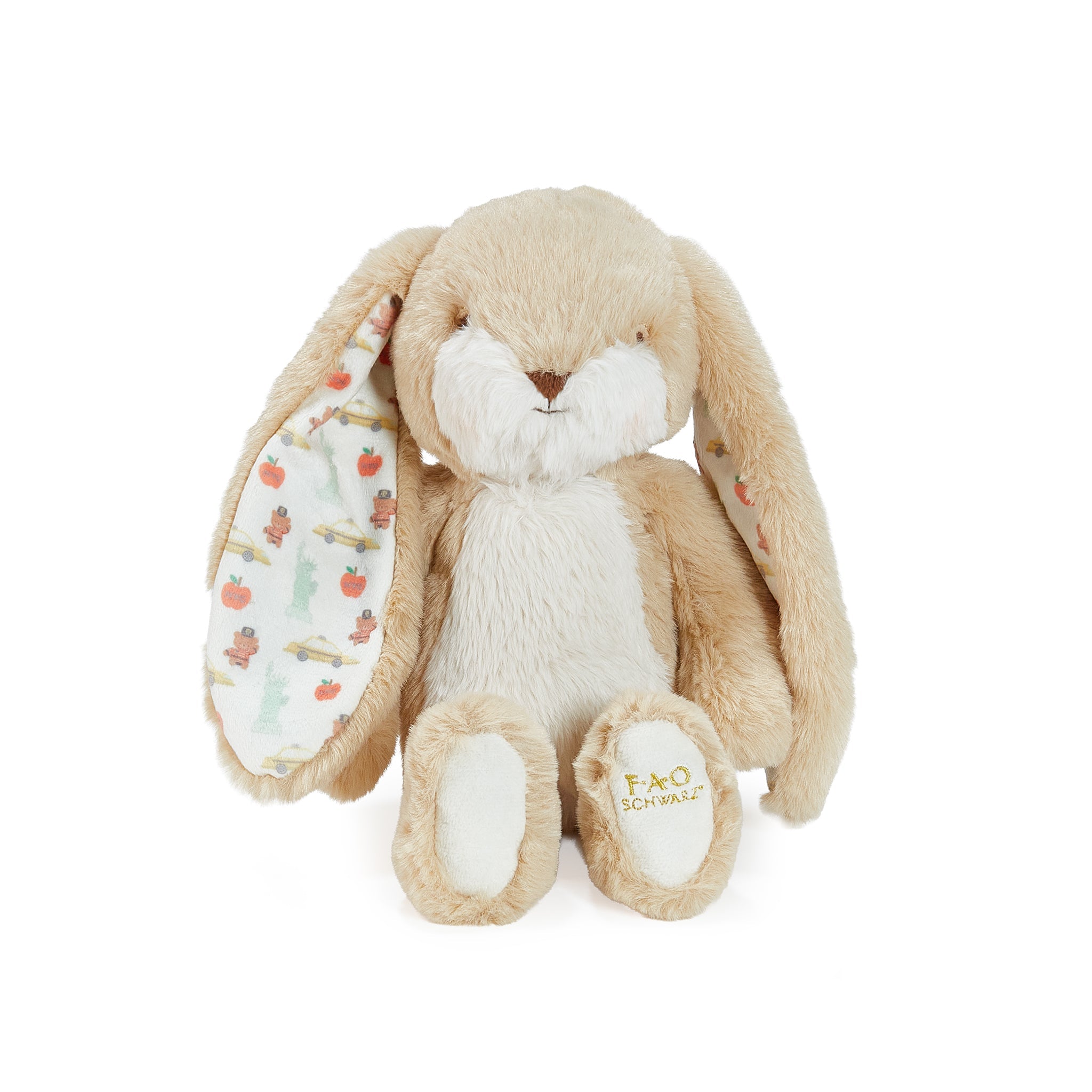 Plush bunny toy with patterned ears on a white background