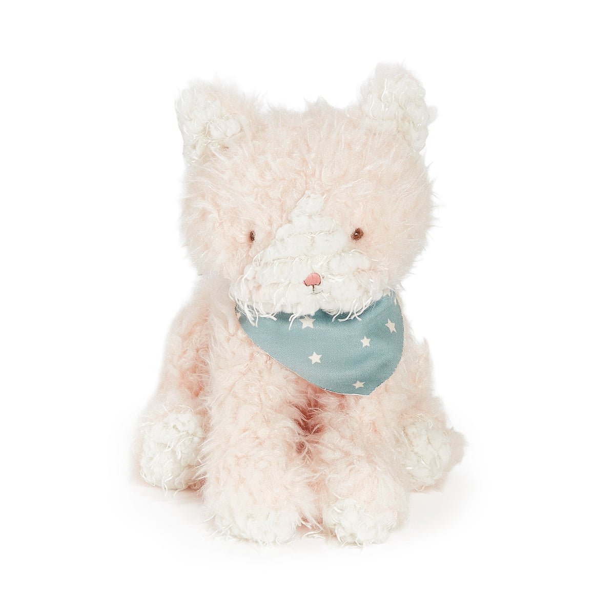 A fluffy pale pink stuffed animal cat wearing a dusty blue bandana with small white stars, photographed against a clean white background.