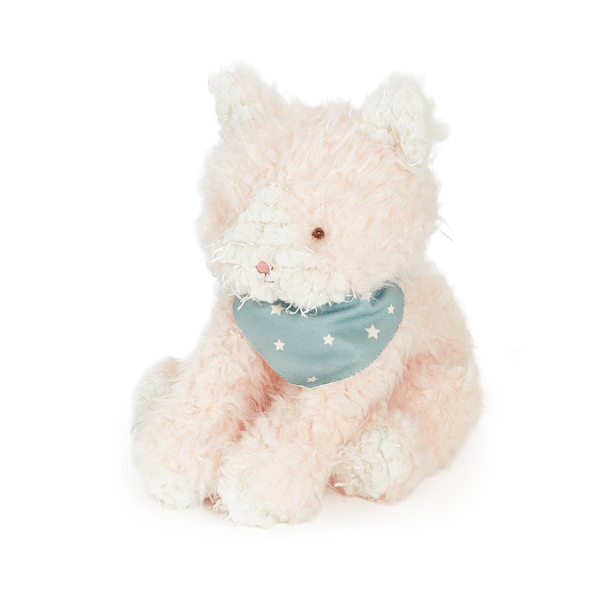 A fluffy pale pink stuffed animal cat wearing a dusty blue bandana with small white stars, photographed against a clean white background.