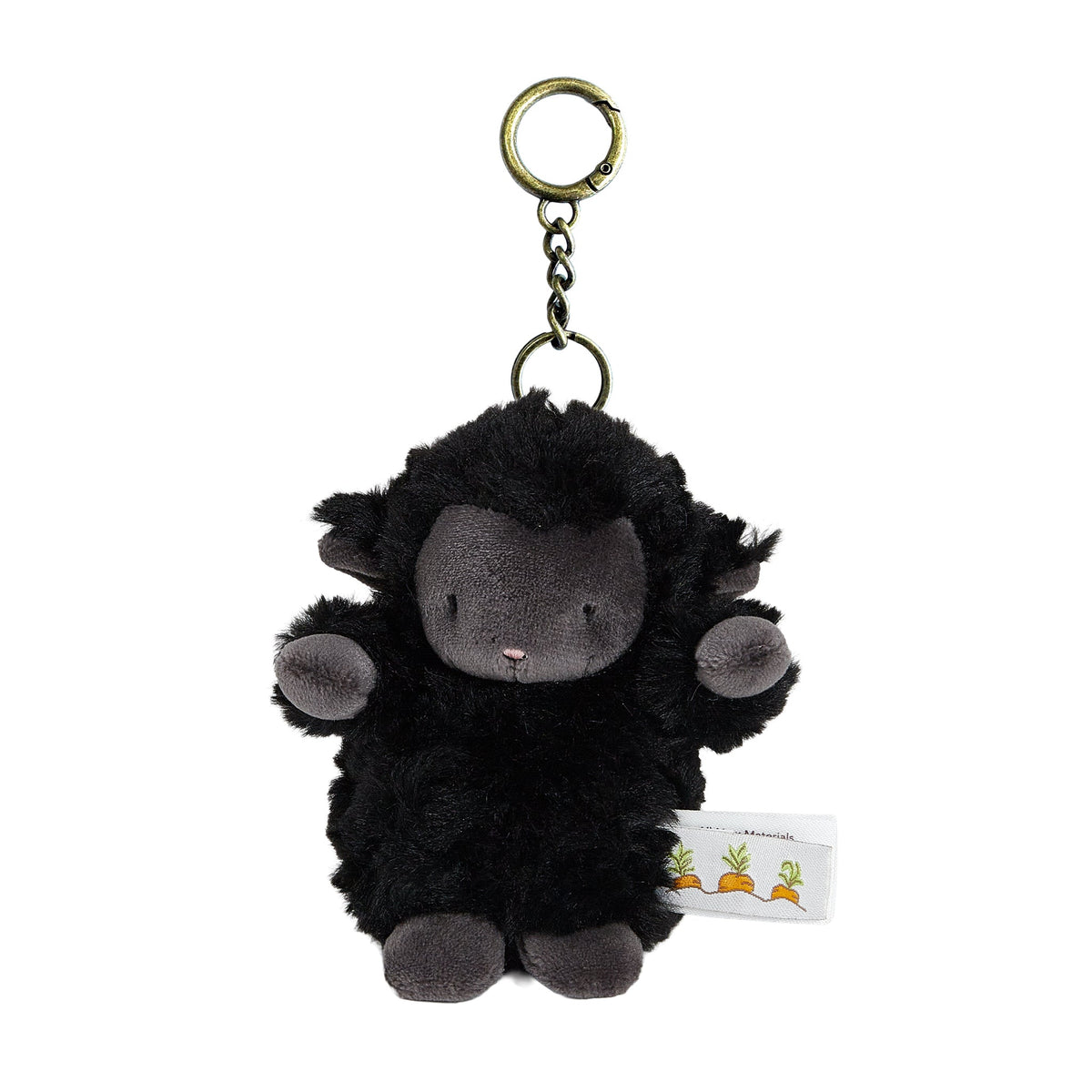 A black plush sheep keychain with a dark gray face and hooves, attached to a gold metal key ring and chain, shown on a plain white background.