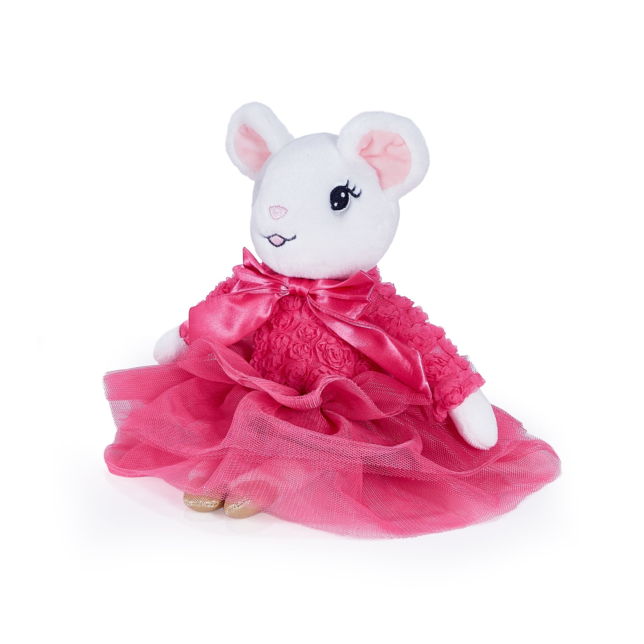 A white plush mouse toy wearing a bright pink dress with a satin bow and tulle skirt, photographed on a clean white background.
