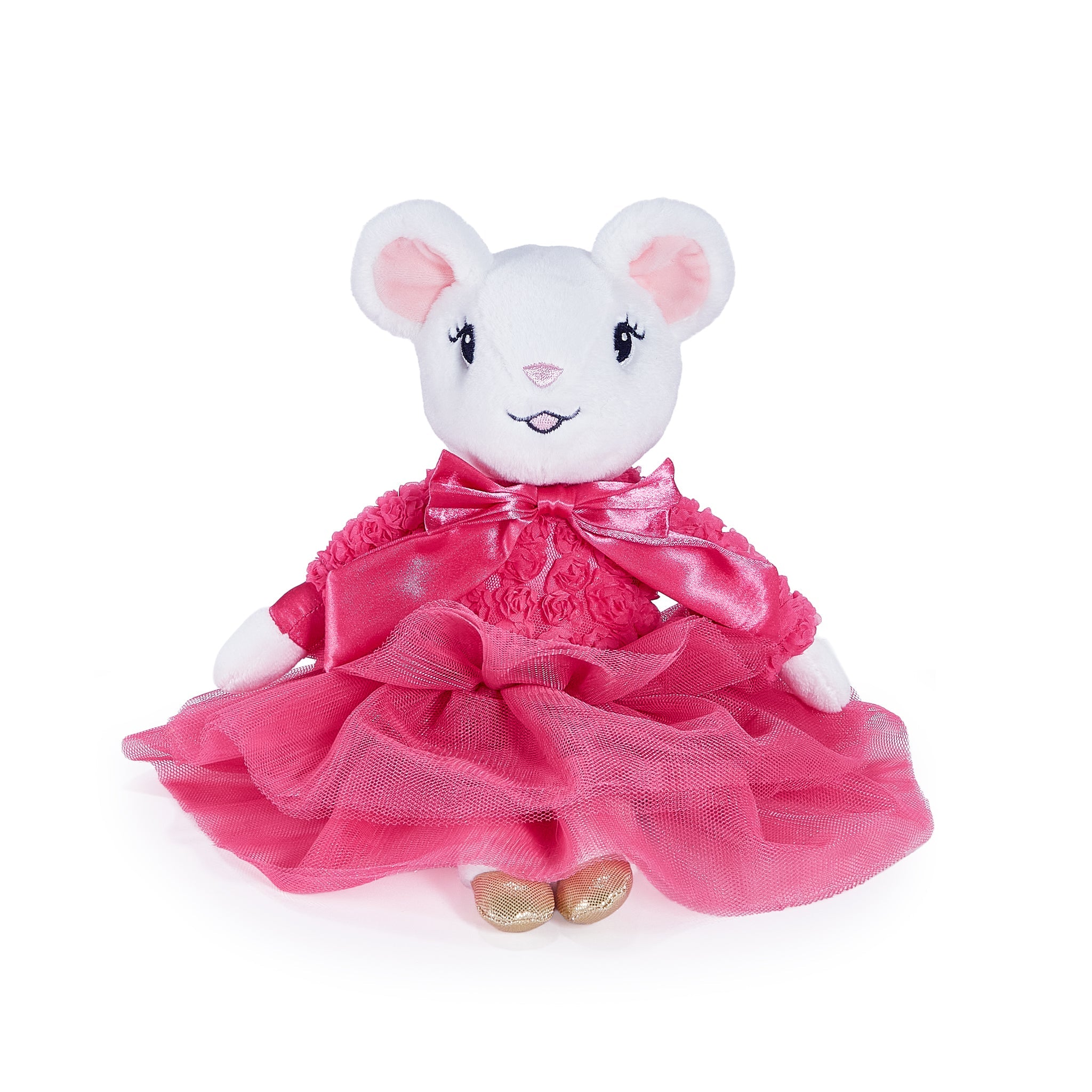 A white plush mouse toy wearing a bright pink dress with a ruffled tulle skirt and matching pink bow, posed against a plain white background.