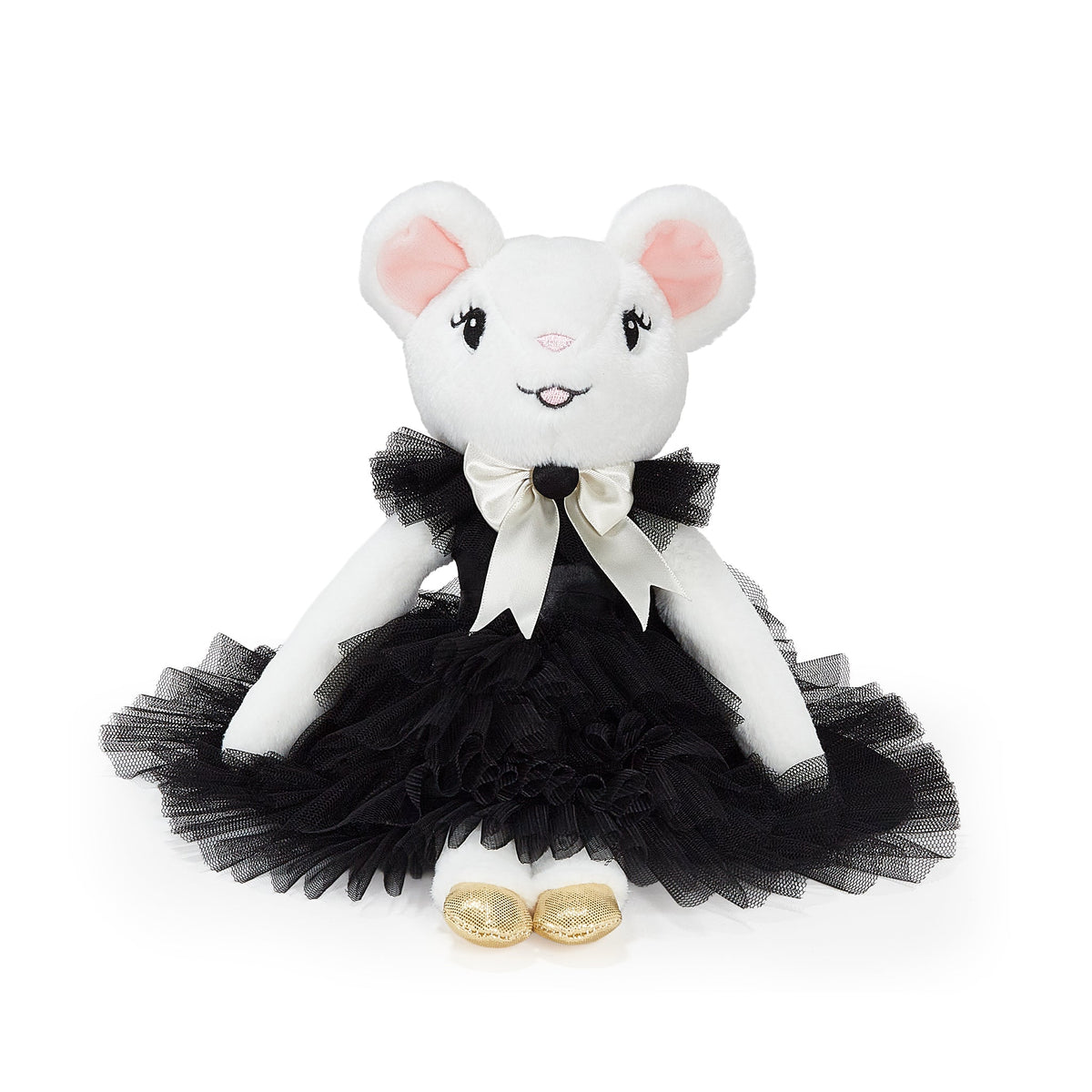 White mouse doll in a black ruffled tulle dress.