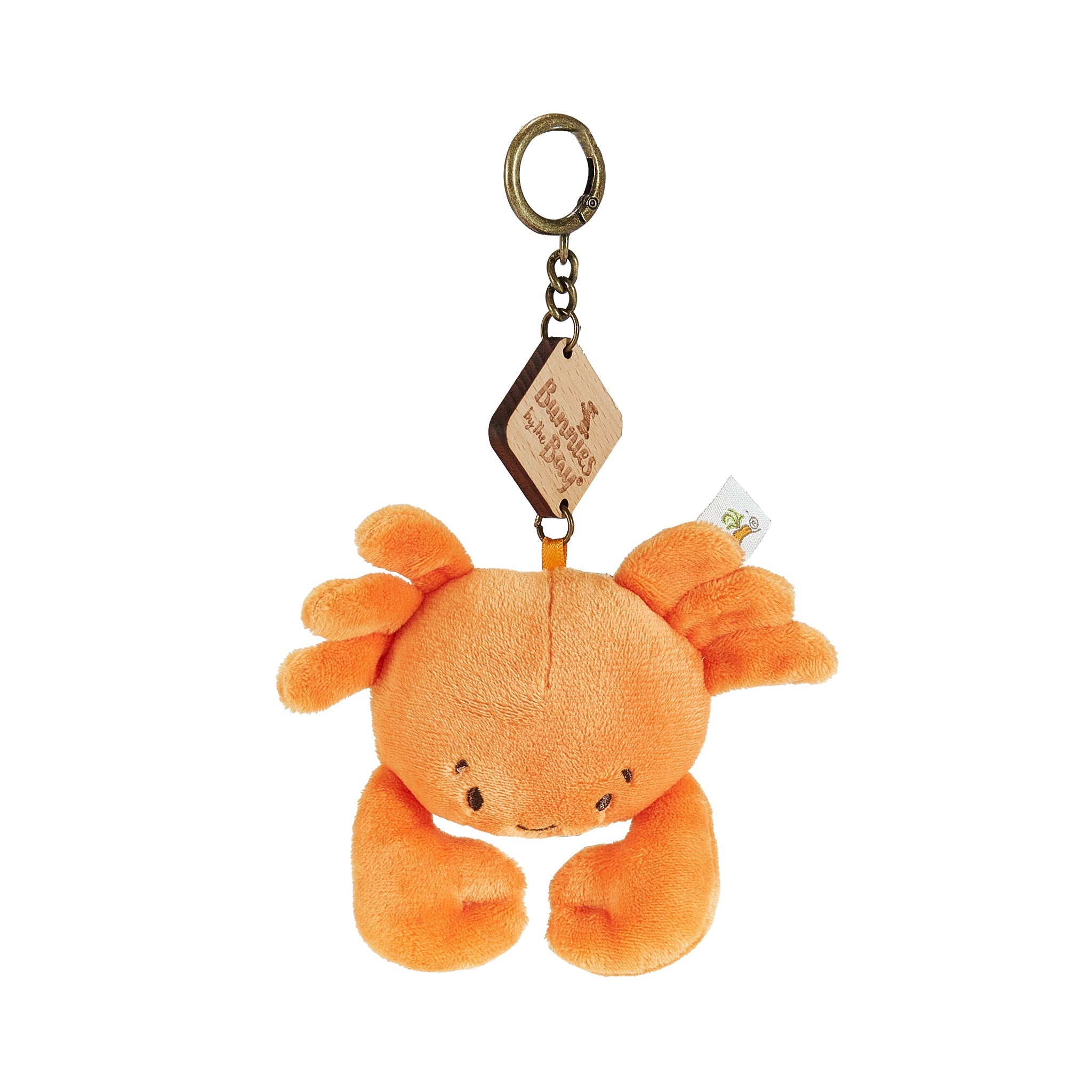 Orange crab keychain with wooden tag and metal chain.