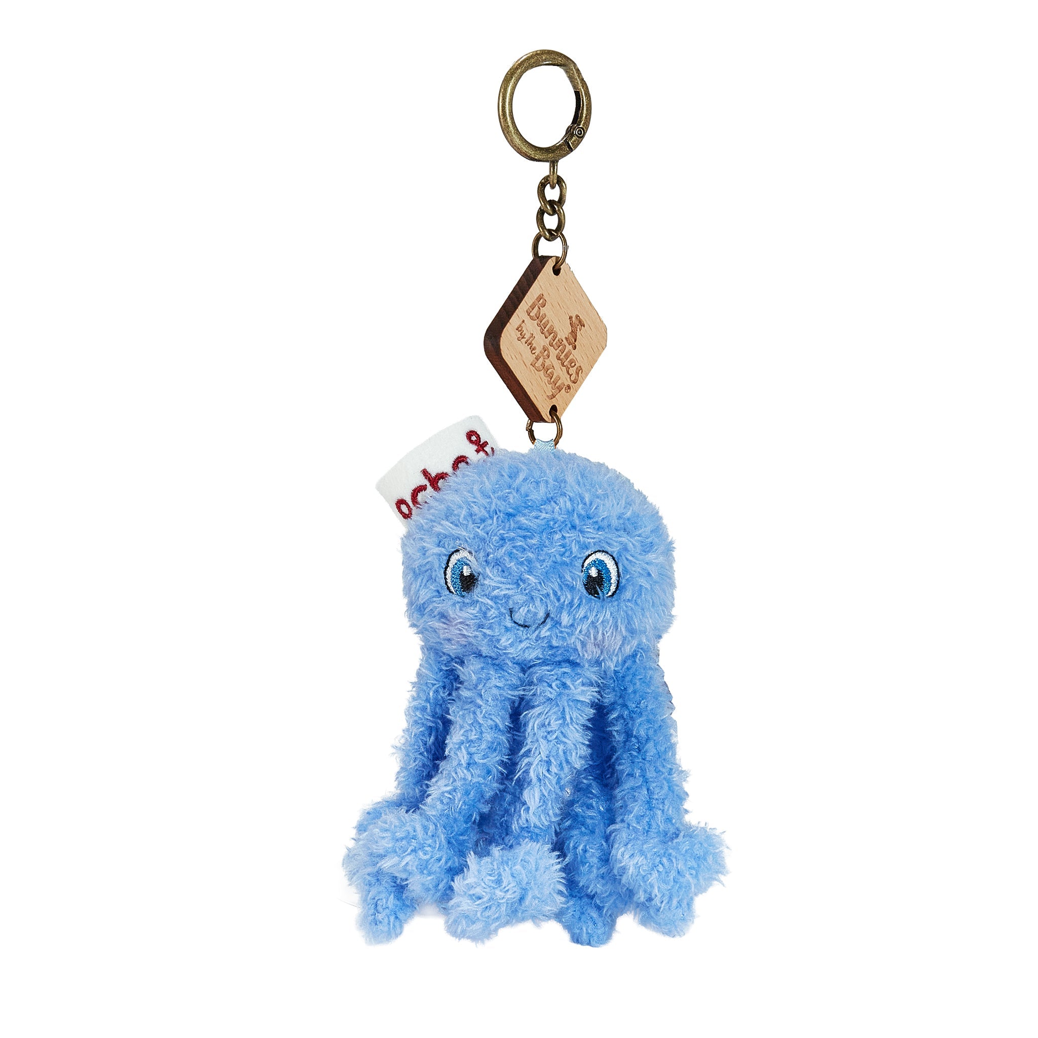 Blue plush octopus keychain with a tag on a white background